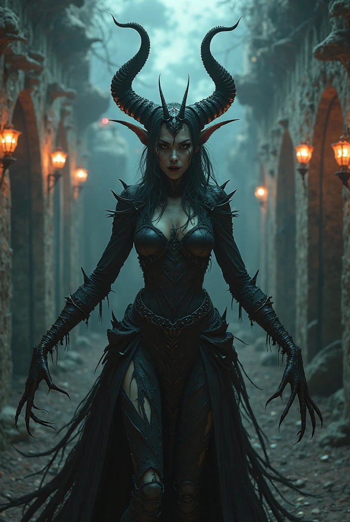 ((best quality)), ((masterpiece)), ((dark fantasy style)), ((dynamic sexy pose)), 1girl, majestic intricately glamor photograph, from diablo of a horrifying demon queen standing in a flaming portal, (in hell, swirling pestilent vortex of ghostly souls:1.7), (highly detailed face:0.8), smirking, (wide spread bat like wings:1.2), scaly skin, (long symmetrical horns:1.2), black spiky armor, black hair, katheryn winnick|emma watson|catherine zeta jones, billowing smoke, tortured souls, (sparks:1.3), hard edge lighting,  professional, soft volumetric lighting, depth of field, film grain, smooth, roughness, real life,  cinematic film still from krull|(cannibal holocaust:0.1)|game of thrones:0.3)|(vikings:0.3)|Scary Stories To Tell In the Dark|doom, gray black and orange color palette,