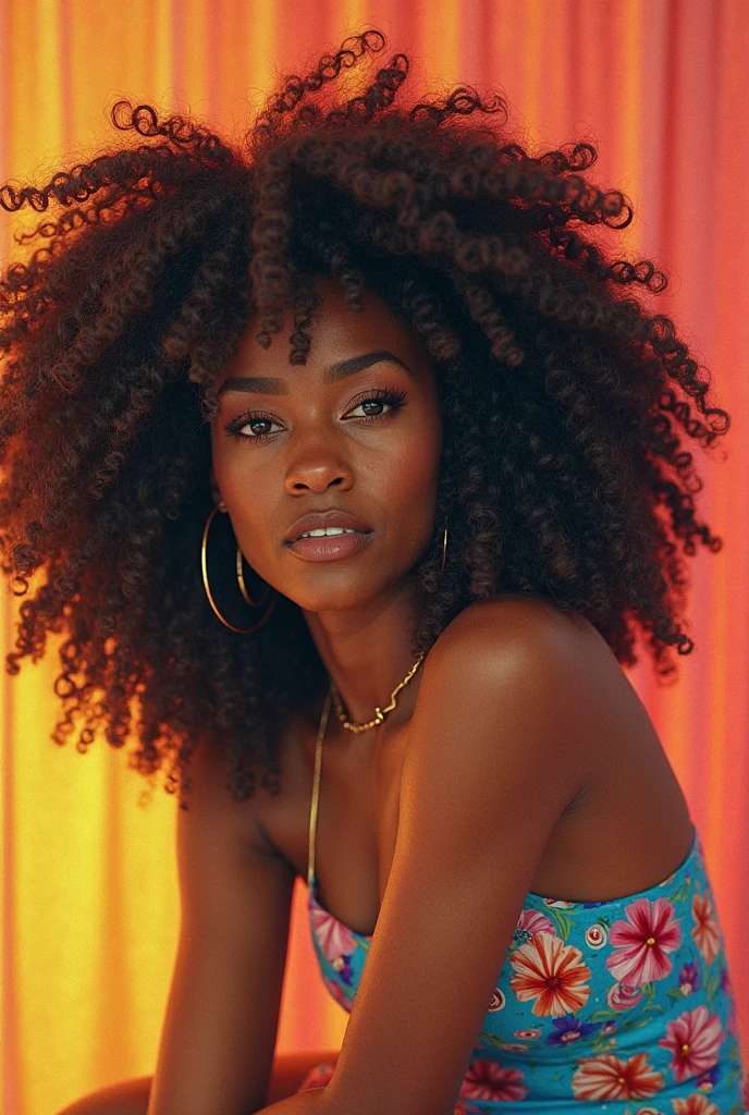 "Create a highly realistic image of Ayana, a young woman with dark brown and natural skin, voluminous curly hair styled in a tight, Defined afro. Her hair is dense, textured, and slightly frizzy at the edges. She has big, expressive eyes with natural, slightly arched eyebrows that frame her face. Her nose is delicately sculpted, and she is full, natural lips with a subtle touch, Natural brightness. Ayana is wearing a beach bikini showing off her beautiful body, a sensual and sculpted body, sensual and attractive tomboyish way elegant patterns that add texture and contrast. The lighting is natural, casting soft shadows that highlight the contours of her face, giving a warm glow to her skin. The background includes blurred vegetation and a wooden structure, focusing on face and hair. Emphasize the texture of the skin, hair details, and the interplay of light and shadow to enhance realism and match her original appearance."