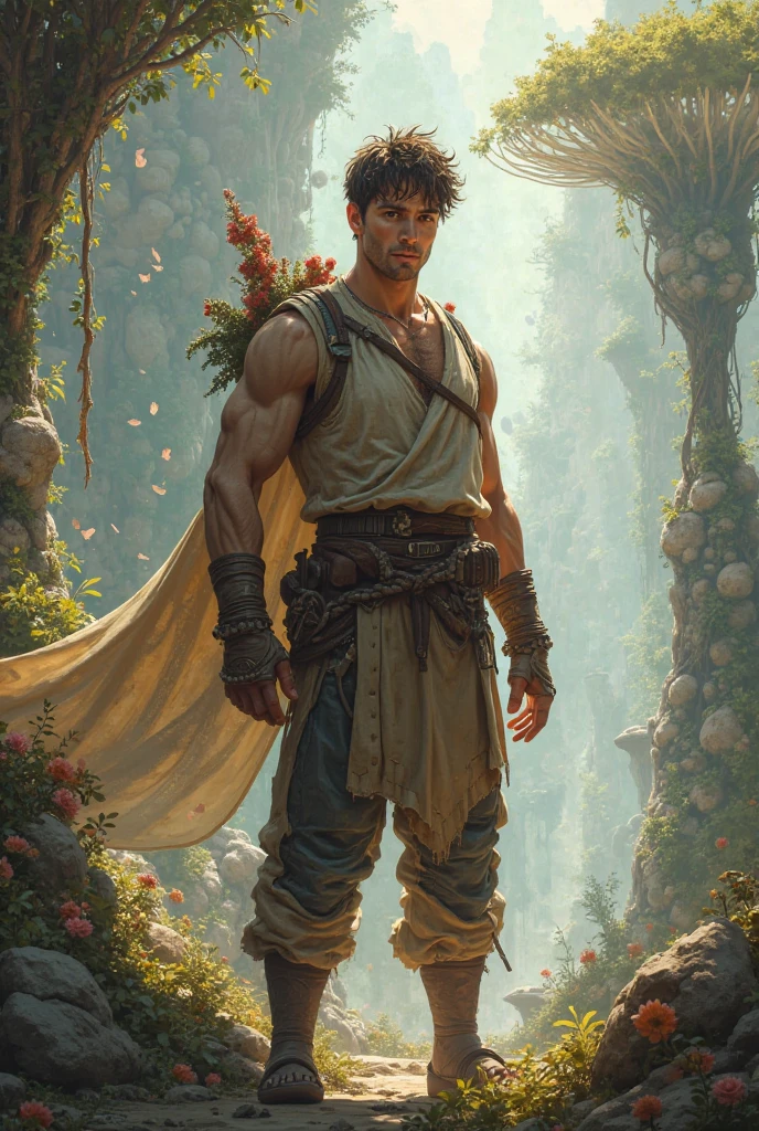 High Fantasy、Association Garden、Delicate depiction、Depiction of the upper body、Link standing in front of the cave、In the background is a medieval cave surrounded by water、
