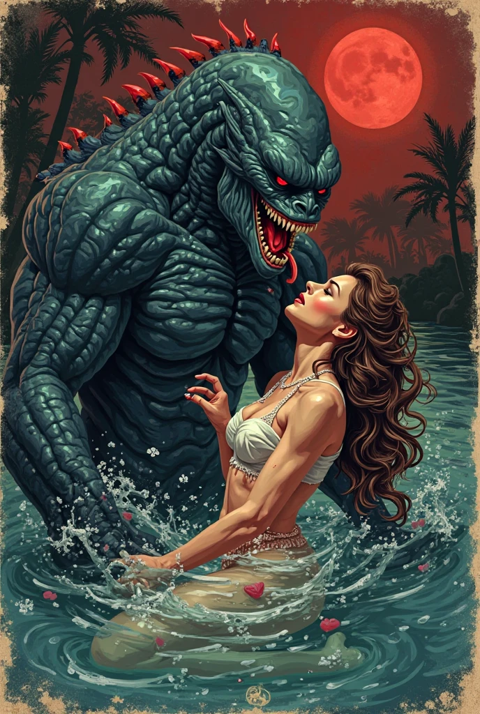 Close up Beautiful asian woman running in front of godzilla, red lips, thick long hair, red micro bikini, g string bikini, big breast, curve hourglass body, red high heels