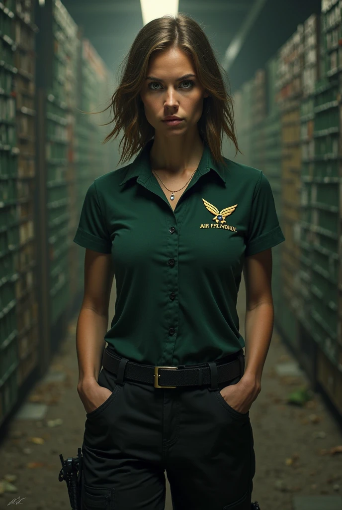 a beautiful young woman with striking green eyes, medium length brown hair, slim athletic figure, full face shot, photorealistic, 32000k resolution, dressed in secretarial work clothes