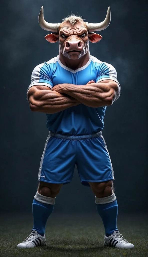 Shirtless Thai soccer player wearing blue soccer shorts with flames and knee high soccer socks and gloves squatting