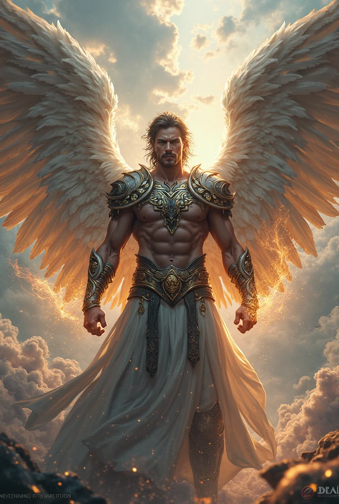 Archangel Chamuel、The Archangels、masterpiece,Best Quality,Ultra-detail,hight resolution,hight resolution,4K,Portrait in 4K,8k,8k Portrait,Unity 8k Wallpaper,extremely details CG,Realistic,Raw photo,real person,a portrait photo of,Photorealistic,Shiny skin,Detailed skin, increase image to 2048*1536 resolution. Create hyper-realistic highly detailed lifelike image, of Archangel Chamuel looks in his mid 30s, with a Japanese appearance and long, flowing, wavy black hair. He wears gold-plated armor on his shoulders and chest signifying his status as one of God's Holy angels. Archangel Chamuel has chiseled and firm abs, and his beauty is otherworldly as he is a Celestial being. Standing at a towering 11'8" with a muscular build and large biceps, he exudes strength and fierceness. Enchanting with the glory of God illuminating from his body, Archangel Chamuel flying from the garden of Eden back up to Heaven. Archangel Chamuel walks throughout the Garden of Eden. Japanese features.