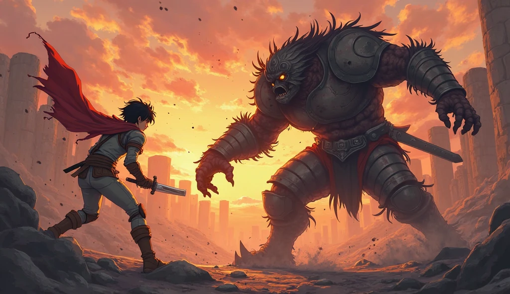 Teenager defeats monsters alone Pants, ruins Clothes black, hair black, sword, movie Character clothes black, character strong, reality Shorts black, sword forward --auto --s2