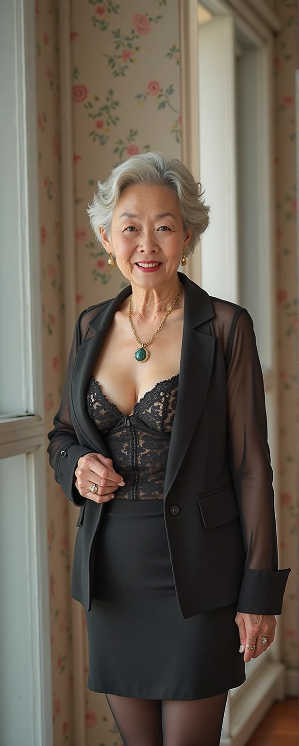 night, Soft Light, 60-year-old old woman, Red lips, ponytail, hair over her eyes, She smiles, posing on huge night balcony, Stop and take photos, She was wearing a black translucent bodysuit......, Cleavage, Big Breasts, older beauty, jaw dropping mature older beauty, Old face and body with wrinkles, Old face, Attractive grandma, Beautiful granny, Lovely grandma, 80歳を超えるゴージャスでBeautiful granny, Beautifully detailed body and face, Beautiful granny, Her black lace bodysuit