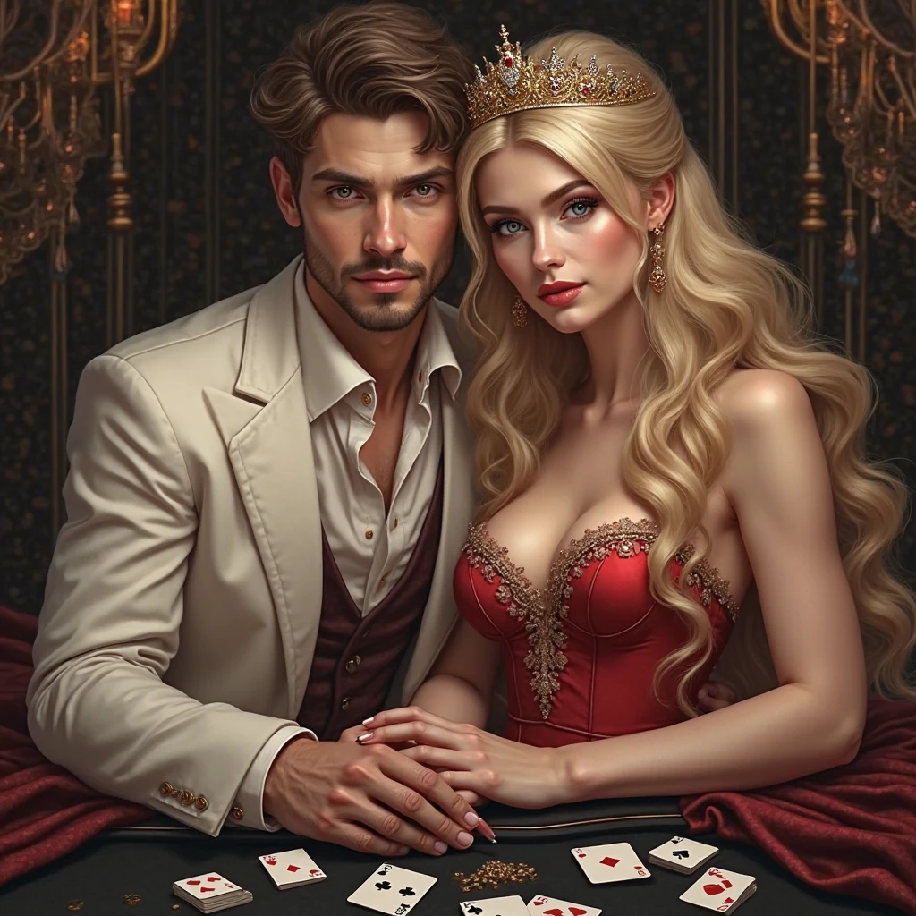(((cosy warm light))) A painting of an elegant man in period sitting at his desk, playing cards with a beautiful woman dressed in a pink ballgown, A provocative and sensual a (((nude noble woman))) in a desperate, submissive pose , [Character Description] A 20 year old caucasian woman with an alluring figure, (((pretty breasts))) in the style of Thomas S. Gann. The painting features gallons and fabrics in the style of Jean Alonse Guenard, and is a trending artwork on Artstation, in the medium of oil painting, depicting an interior design scene