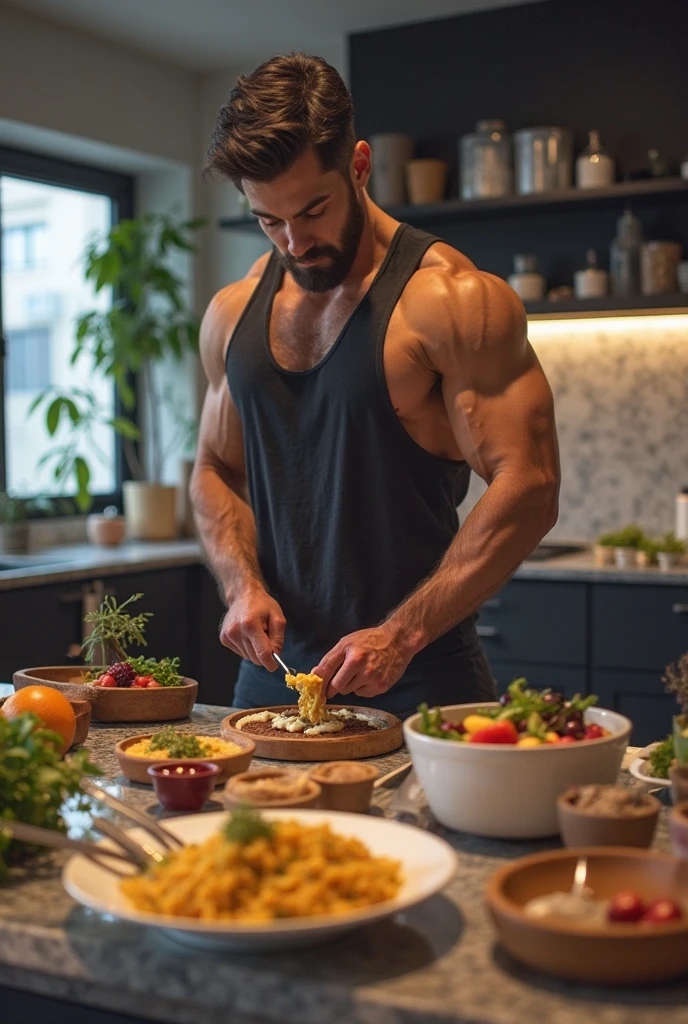 A closeup of a man with muscles eating spaghetti with a fork and spoon, ao lado do espaguete tem uma lata de refrigerante, e um pepino, eating noodles, comer espaguete de uma tigela, imagem de comida super realista, eating ramen, espaguete slurping, Mukbang, exaggerated muscle physique, perfect muscle structure, Defined muscles, exaggerated muscles, definition muscular, muscular character, corpo do fisiculturista, corpo muscular com cicatrizes de batalha, chiseled muscles, Bowed muscles;, muscle extremely detailed, large muscles, tipo de corpo muscular, big wide broad strong physique |