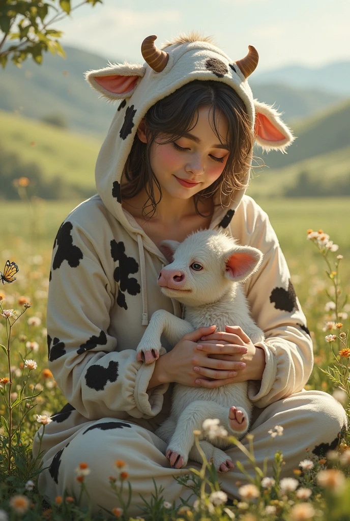 This is a cozy and happy image of ((a woman)) curled up next to an adorable calf. The woman is lovely with interesting and beautiful eyes and puffy lips. Her eyes are (colorful) and have interesting color combinations. The calf is sleepy and cute, with detailed eyes and cow markings. Include many cozy and peaceful details. Include warm, peaceful, pretty, elegant, baby cow, lovely woman, smile lines, god rays, rays of light, shimmer, ((masterpiece)), best quality, ultra detailed. Perspective places the woman and the calf in the center of the image. Utilize dynamic composition and cinematic lighting techniques. (((The young cow is as important as the woman and should be perfect and cute.)))