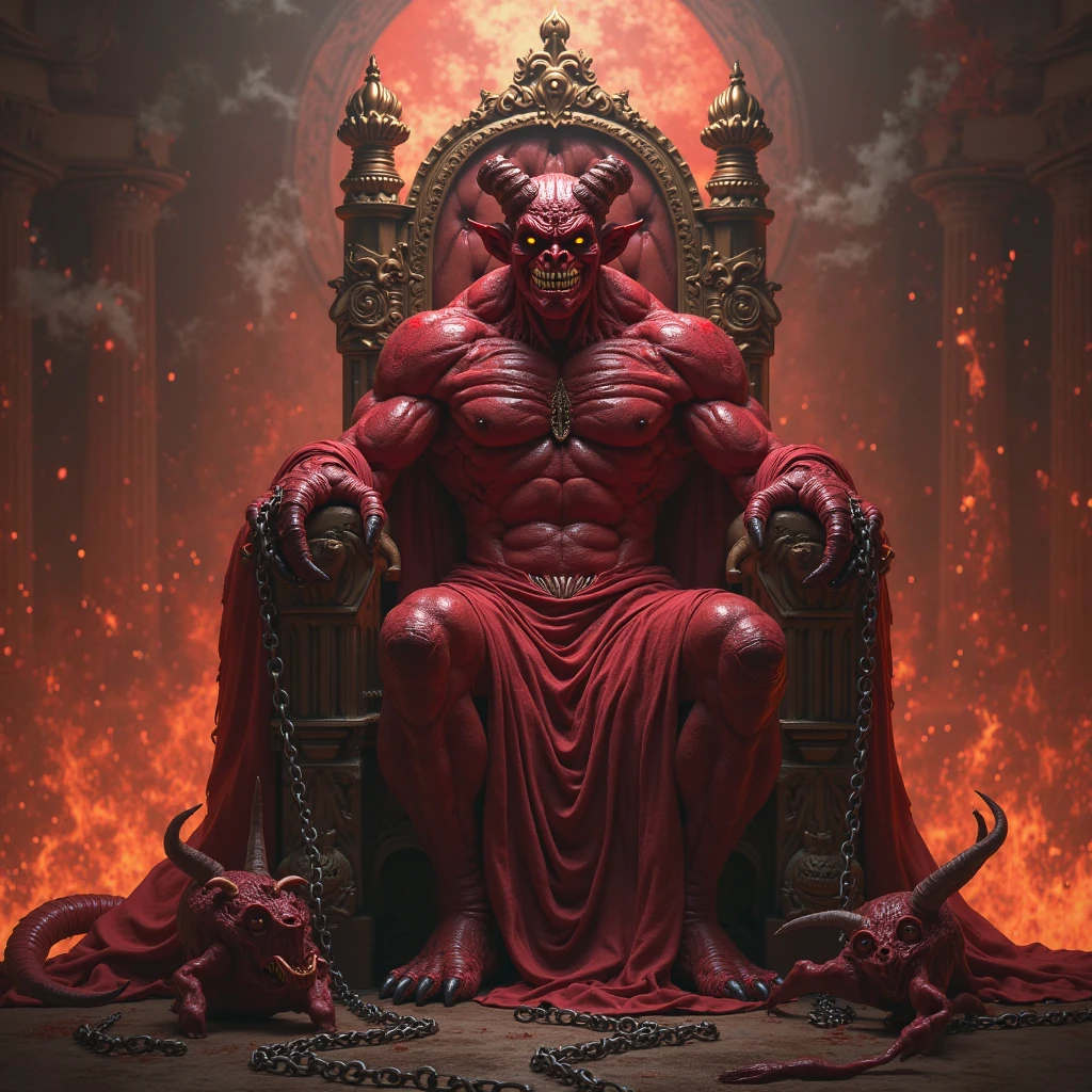 satan on his throne ruling, skin red, Open legs, Chubby, Hairy, Bearded, high resolution, ultra-detailed , sharp focus, intricate details
