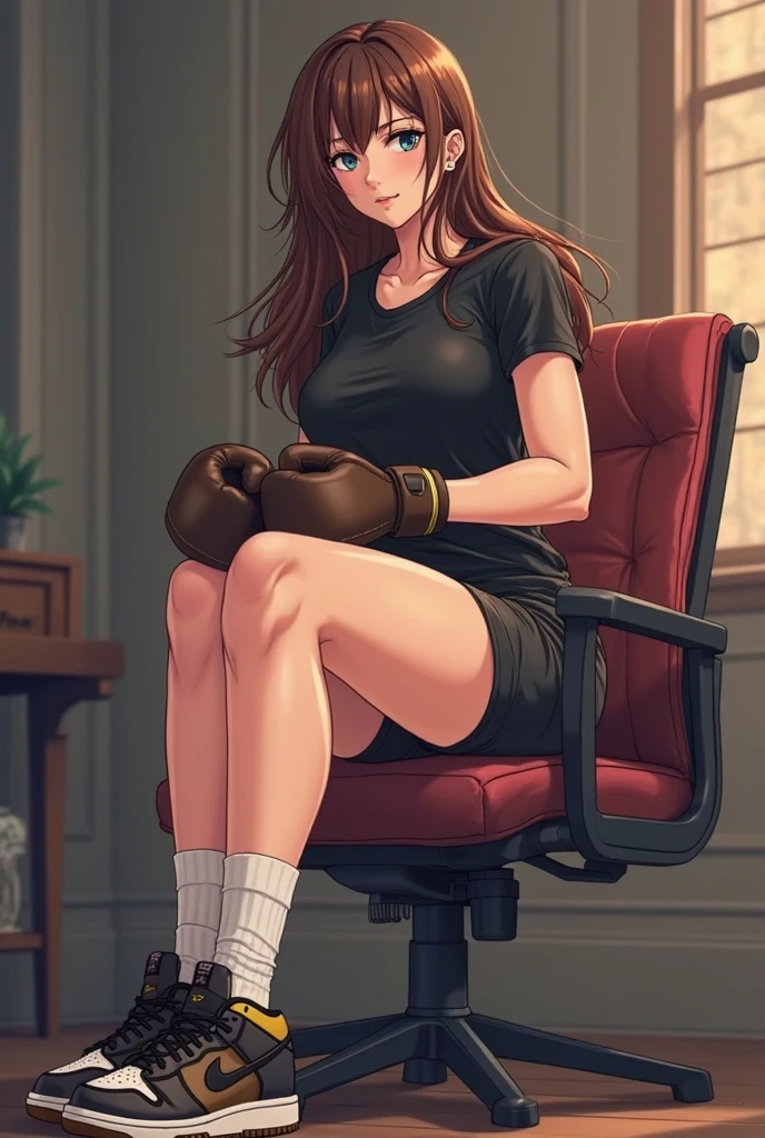 a woman , elegant dress, tied to an office chair, barefoot ,wrists and legs bound, sitting in a teacher's office, dramatic, cinematic lighting, photorealistic, highly detailed, hyper-realistic, 8k, masterpiece
