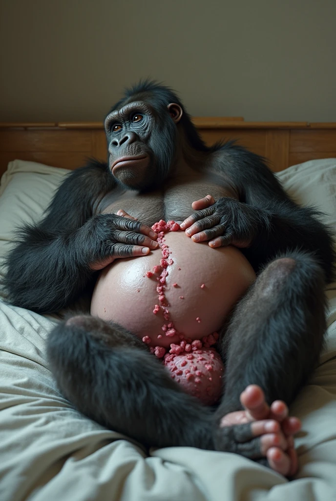 ((young orangutan)) dressed in a red plaid shirt, sitting on a table, eating a large chocolate cake