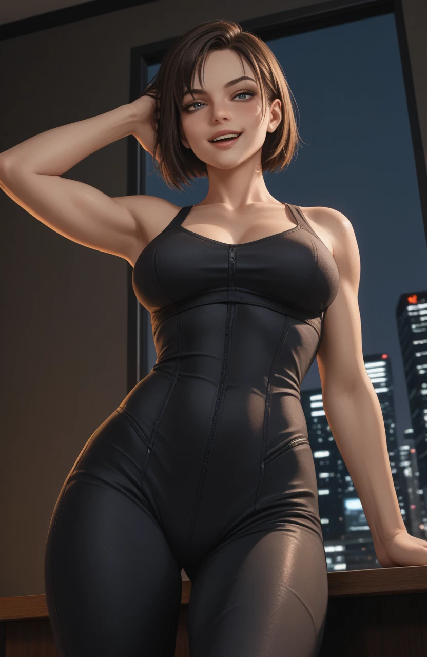 (best quality, high resolution), ultra-detailed, (realistic: 1.37), interior of a dance studio, a 30-year-old woman,slender body, she is wearing glasses, a brown short bob hair, intense,(gloomy), [streesed eyes], she is wearing a aerobics leotard, (sneaker boots).