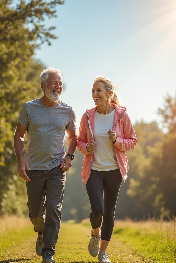 Realistic image of a couple around 50 years old practicing physical army running in a square with a cup of coffee in white in hand. They are happy and smiling. In the background we have several trees and the sunset.