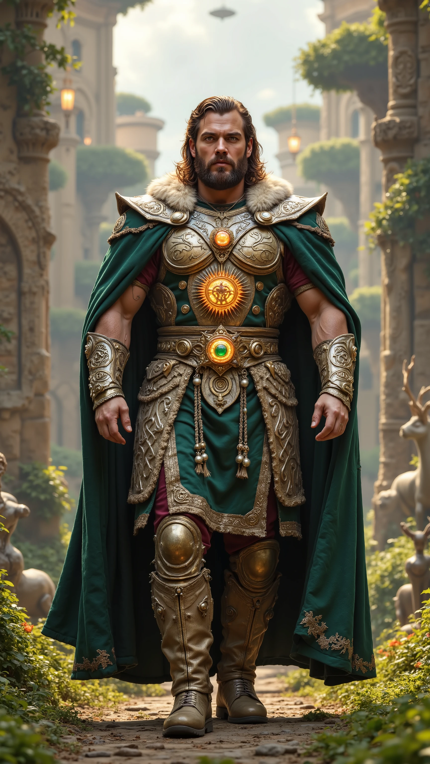 Henry Cavill reimagined as a majestic Celtic god Dagda, walking and holding a colossal golden war mace adorned with glowing Celtic runes and spirals, 1 male, full body, strong square jawline, deep-set green eyes, long wavy chestnut hair with golden streaks, thick beard braided with silver triquetras, oak-leaf charms, and gemstone beads, Clothing: a divine ensemble of royal might — ankle-length robe of emerald velvet woven with golden thread forming shifting knotwork, beneath a ceremonial cuirass of sculpted orichalcum showing reliefs of harvest, storm, and divine triumphs, shoulders armored with antler-shaped pauldrons inlaid with amber, a massive forest green cloak lined with white stag fur and embedded with animated gold-leaf foliage, fastened by a brooch shaped like a radiant sun wrapped in silver serpents, arms in engraved bronze and emerald vambraces glowing with ogham script, deep crimson silk tunic etched with tree-of-life and triple spirals, wide gold-plated belt with a pulsing central emerald, greaves covered in knotwork gemstones and creeping vine motifs, tall ceremonial boots plated in gold and wrapped in leather carved with blessings, In his hands he holds the divine mace — massive, glowing, its head carved with the beginning and end of the world, shaft wrapped in silver dragons and sacred branches, shows his male character’s full figure, athletic body, perfect face, full body, extremely beautiful, god, male shape, perfect anatomy, the background showcases a floating grove-fortress above the clouds — colossal sacred trees fused into temples, golden rivers running across suspended bridges, giant animated statues of gods carved from glowing stone, glowing celestial deer on radiant terraces, and sun-discs hovering above under a clear, bright summer sky with soft, even lighting and no harsh shadows, photorealistic, masterpiece, realistic, high contrast, 8k, HD, high definition detailed, detailed, hyper detailed, realistic skin texture, best quality