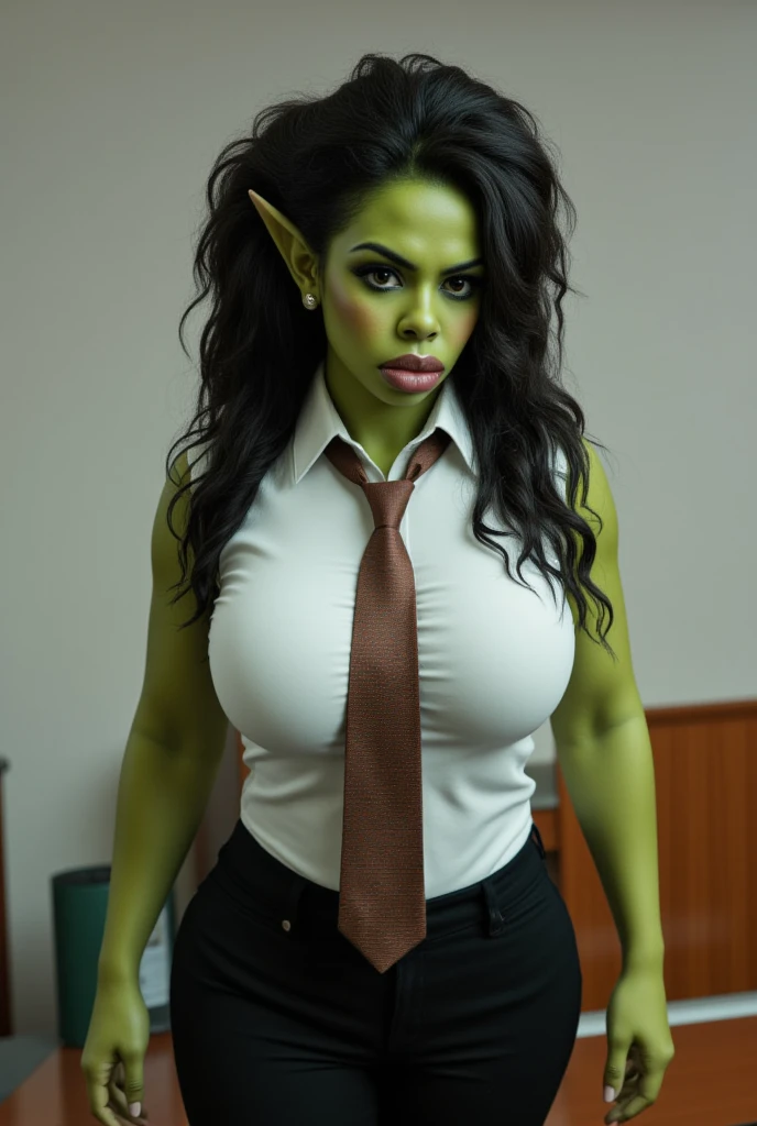 A beautiful 17 year old girl, collared shirt , Bright brown hair, , detailed realistic skin, Detailed and realistic body and face, Muscular female,Muscular,Muscular,Abs..Stout arms,Muscular shoulders,(green skin)