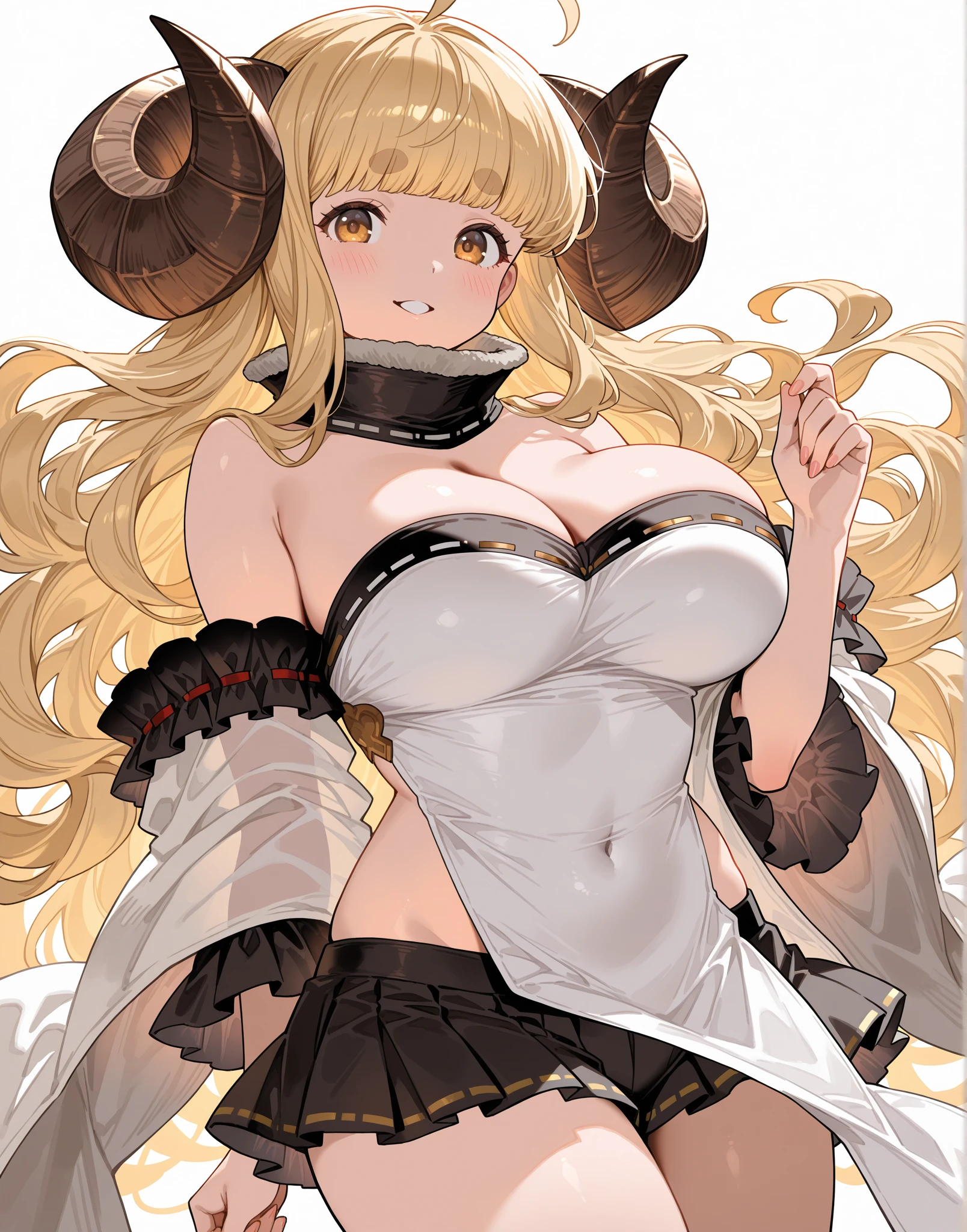 ANILADEF, CLEAVAGE, CAPE, WHITE GLOVES, WHITE THIGHHIGHS, PLEATED SKIRT, FUR TRIM, PELVIC CURTAIN, WHITE TABARD, 1girl, solo, upper body, large breasts, 5 fingersdetailed face, detailed eyes, detailed hair