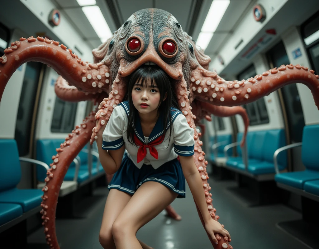 a girl who was the target of scientific experiments, inside a capsule in a scary laboratory. it is inside a liquid and has threads and tentacles attached to its body.