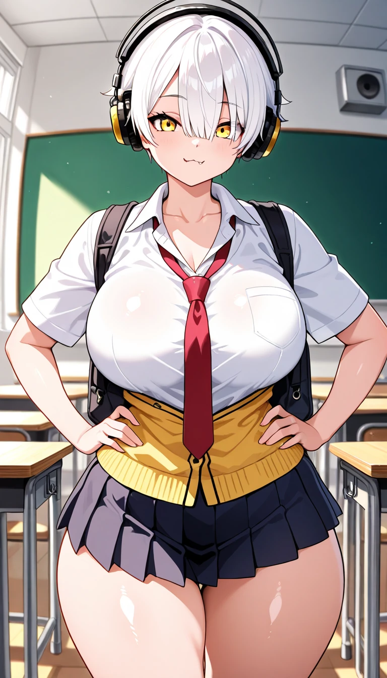 solo, 1girl, looking at viewer, flat colors, 2D, anime, anime coloring, upper body,indoor,classroom, miharu mikuni, , serafuku, yellow neckerchief, parted lips, looking at viewer,middle School girls,Busty junior high school student,(large breast:1.2),((huge breast)),(round breast),busty,full bust,slender,skinny body,ample breast,(Ample breasts),(A chest that protrudes forward:1.2),(Narrow waist:1.3),Troubled face,Sweat,blush,excited,Swollen breasts,stomach,cleavage