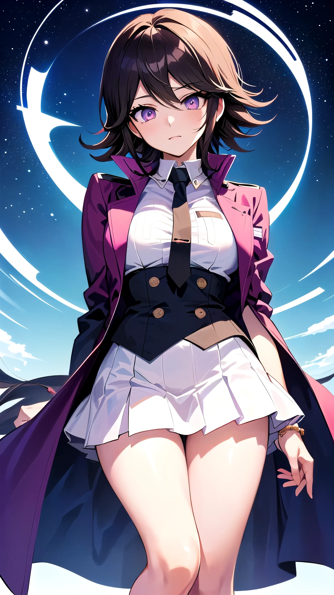 ((masterpiece)), ((best quality)), ((high res)), 3D anime style, solo, solo focus, Woman with brown eyes, age 21 (medium hair, dark brown hair, wavy hair, red hairband), ahoge, ((white blouse with black stars, vest, suit jacket, opened jacket, red jacket with stars)), (leotard, black leotard, bare legs, black thigh-highs, high-heel shoes, matching footwear), purple stellar energy around, cosmic power, cosmic shining power. purple eyes, beautiful detailed eyes, beautiful detailed face, cute face, (perfect hands, complete fingers), (perfect anatomy, perfect proportions). (casting a spell). full body costume design, full body, cowboy shot.