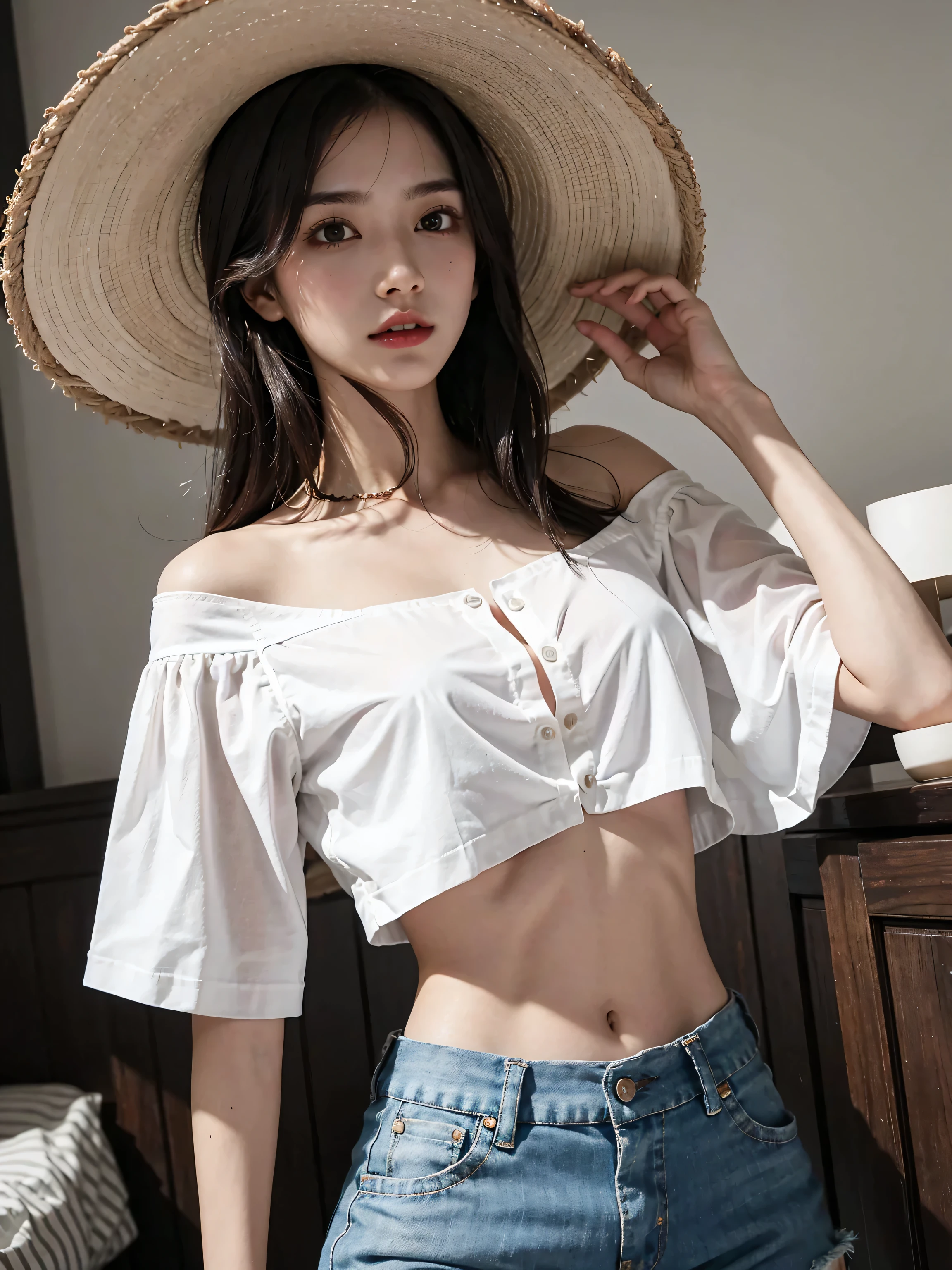 From view, portrait, Young Japanese Woman, 1 girl 24 yeas-old, (Middle hair, dark brown hair, fringe, Thin outer eyebrows, natural make, little smile), (gold ring earring, gold neckless),(C cup breasts, slender whist, hip), (white blouse,blue denim ), running shoes ,on street ,in Kyoto, (masterpiece, highest quality, High resolution, Photo realistic, sharp, RAW Photos, 8k wallpaper, perfection, Professional Lighting, Very detailed)