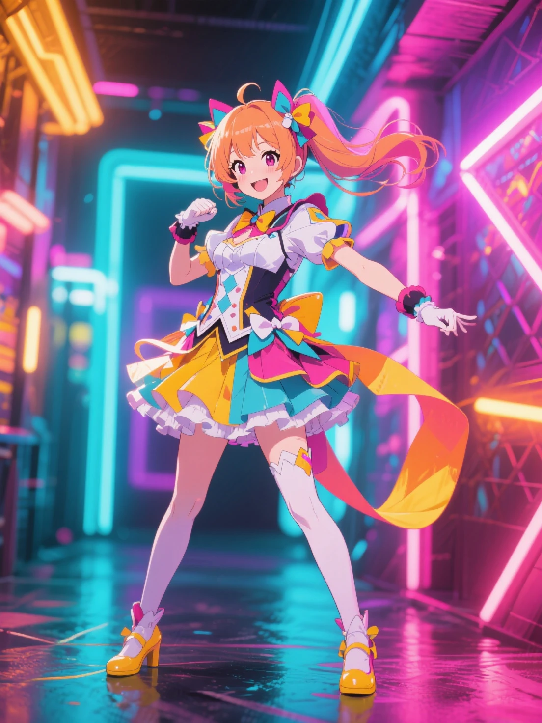 pri dream cure animation, AR 3D cel shading, masterpiece, awesome top artist illustration used by apparel ads, gravure beautiful poses, (kawaii:1.2),shiny latex magical girl dress liked sailor uniform, makeup gyaru, happy smile, glistening latex, dynamic dance pose, in vrchat luxury castle, on floor with magical summoning circle glowing, sparkle background, yumekawa star and heart effect background made by aftereffect, high key ethereal pink and white background, glossy skin, extremely glistening iridescent clothes,<lora:sd_xl_offset_example-lora_1.0:0.1>,<lora:Fixhands_anime_bdsqlsz_V1:0.8>,<lora:Hyper-SDXL-12steps-CFG-lora_rank1:0.5>