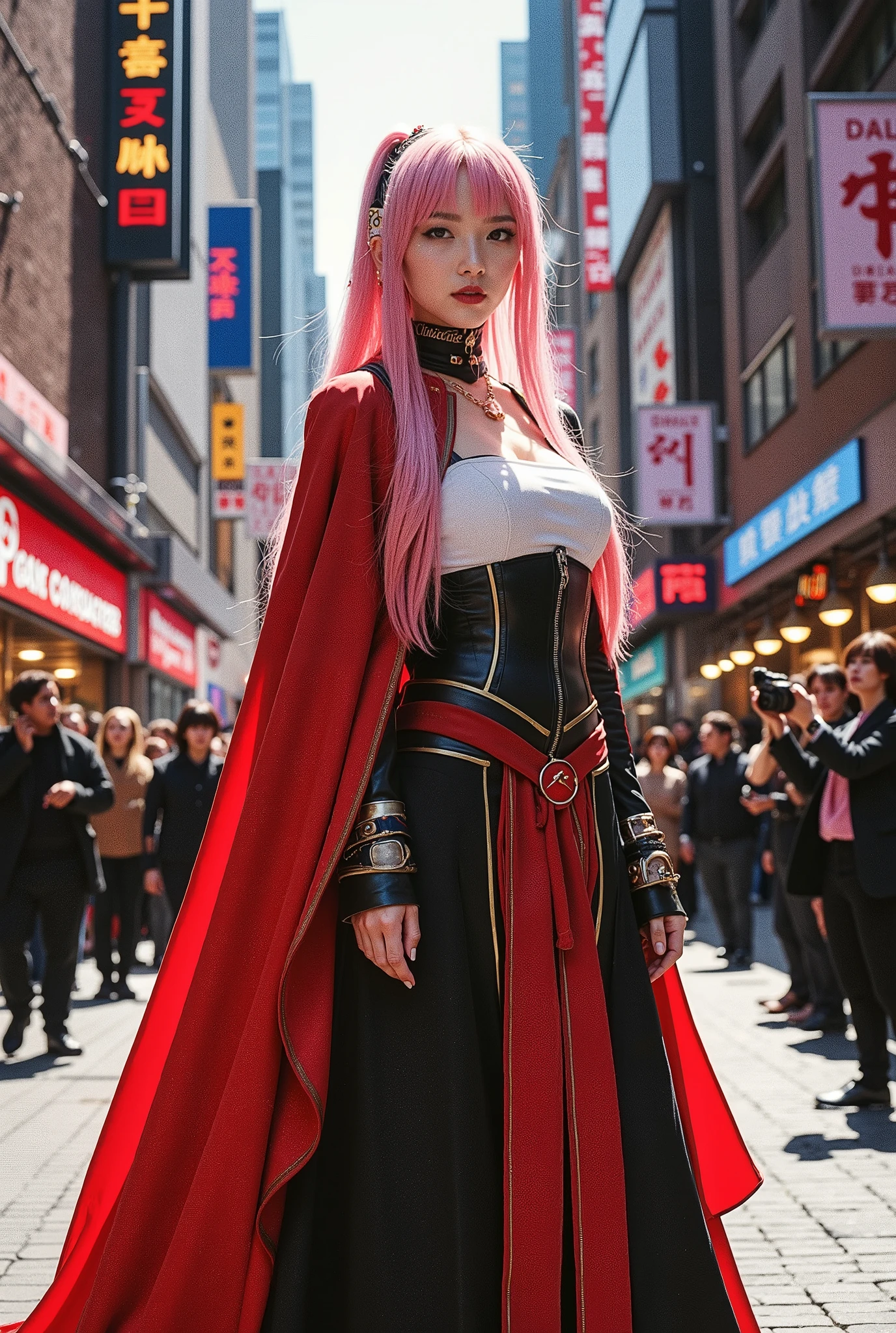 (( Highest Quality 、In 8K、masterpiece:1.3)) Cosplayer photo session、anime character cosplay costume surrounded by lots of camera boys、Layer Outfits、Shooting on the street、Surrounded by lots of camera boys
