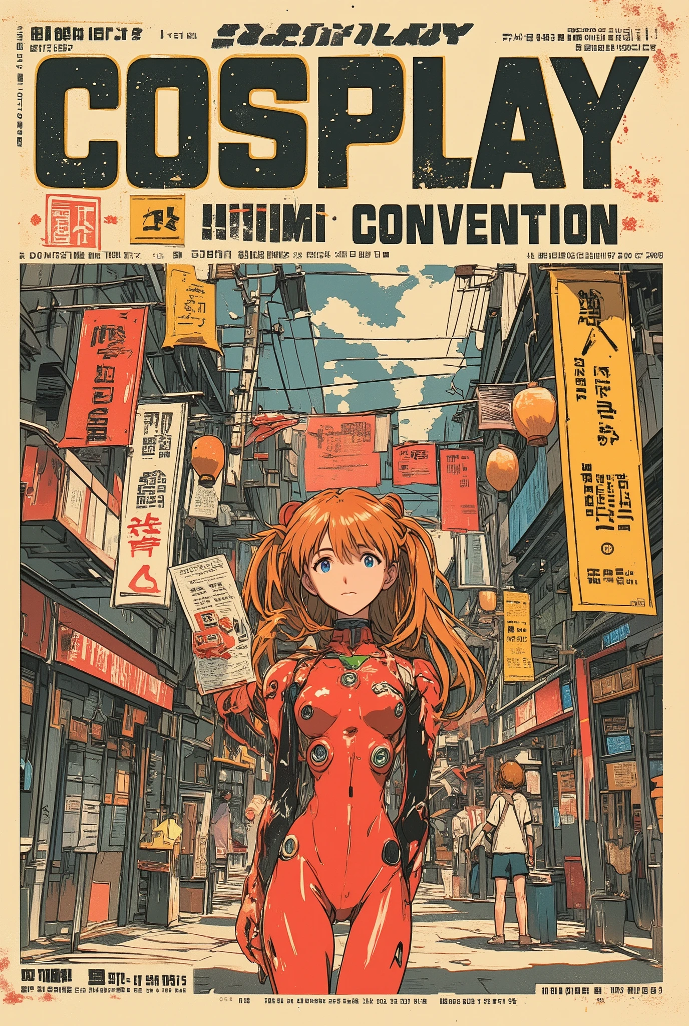 vintage English poster for a fictional "Comic Convention", designed in 1980s Japanese anime retro style,
a cheerful girl cosplaying as Asuka Langley from Evangelion, wearing her signature red plugsuit with slight wrinkles and hand-drawn detailing,
she poses shyly with a raised hand and light blush, holding a folded pamphlet or convention badge in her other hand,
large bold title: “COSPLAY at COMIC CONVENTION” at the top,
additional vintage-style English text: “FREE ENTRY”, “May 6, Monday”, “Open 1PM” placed around the borders,
background shows a nostalgic indoor community hall or shopping street decorated with comic-style banners and hanging paper lanterns,
retro color palette: faded reds, muted blue, mustard yellow, warm off-white,
poster includes halftone dots, slight ink misalignment, paper creases, and aged print texture for an authentic retro flyer look,
retro anime illustration style, high resolution, best quality, printed-on-paper aesthetic, poster art,ppasuka