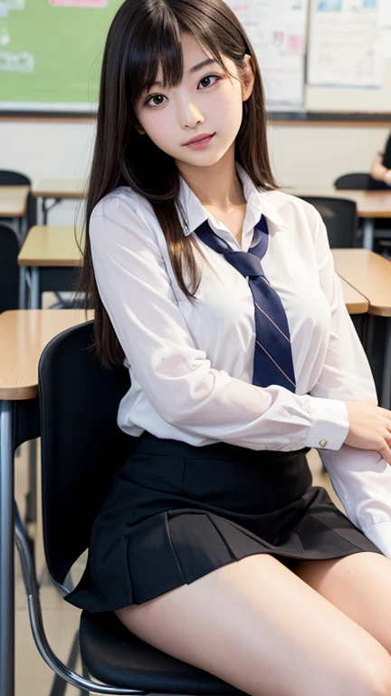 Highly detailed 8K wallpapers)、Sharp focus、In detail、Drama、Delicate and beautiful 、18-year-old、Sheer white shirt、ribbon、Dark blue pleated micro mini、Light brown hair、Smooth Pigtails、hair ornaments、smile、Looking into the viewer、Beautiful graphics、Bright school building、Full of students、classroom、Please show me your whole body、,((Sexual pose:1.5))、((Panties:1.5))、