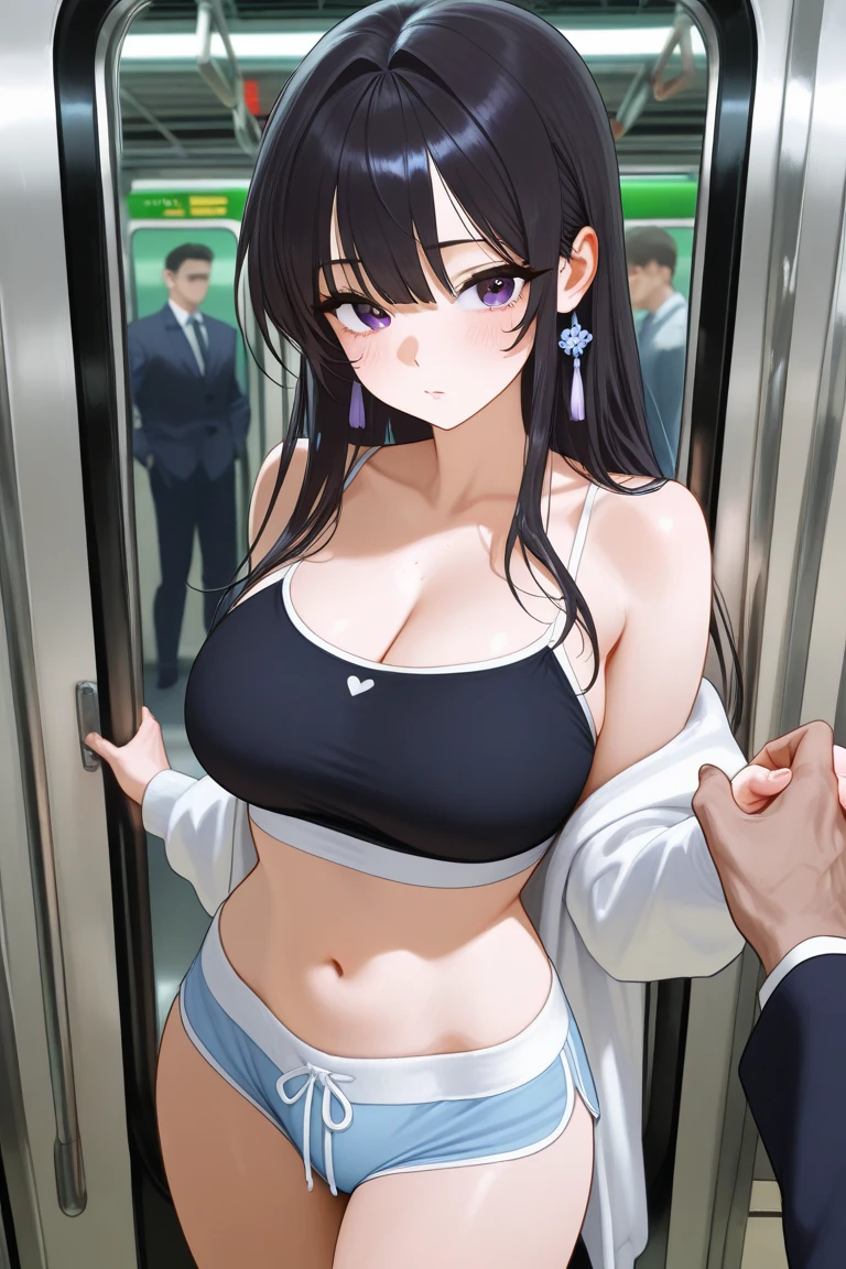 Large Breasts, Black Hair, Straight Hair, Semi-long hair、bikini、Her breasts are being massaged from behind by a man、Sweaty、Your clothes are wet、Inside the train,Blue eyes, Cry with your eyes open, despair, There are men standing around,  アニメ, Breast milk