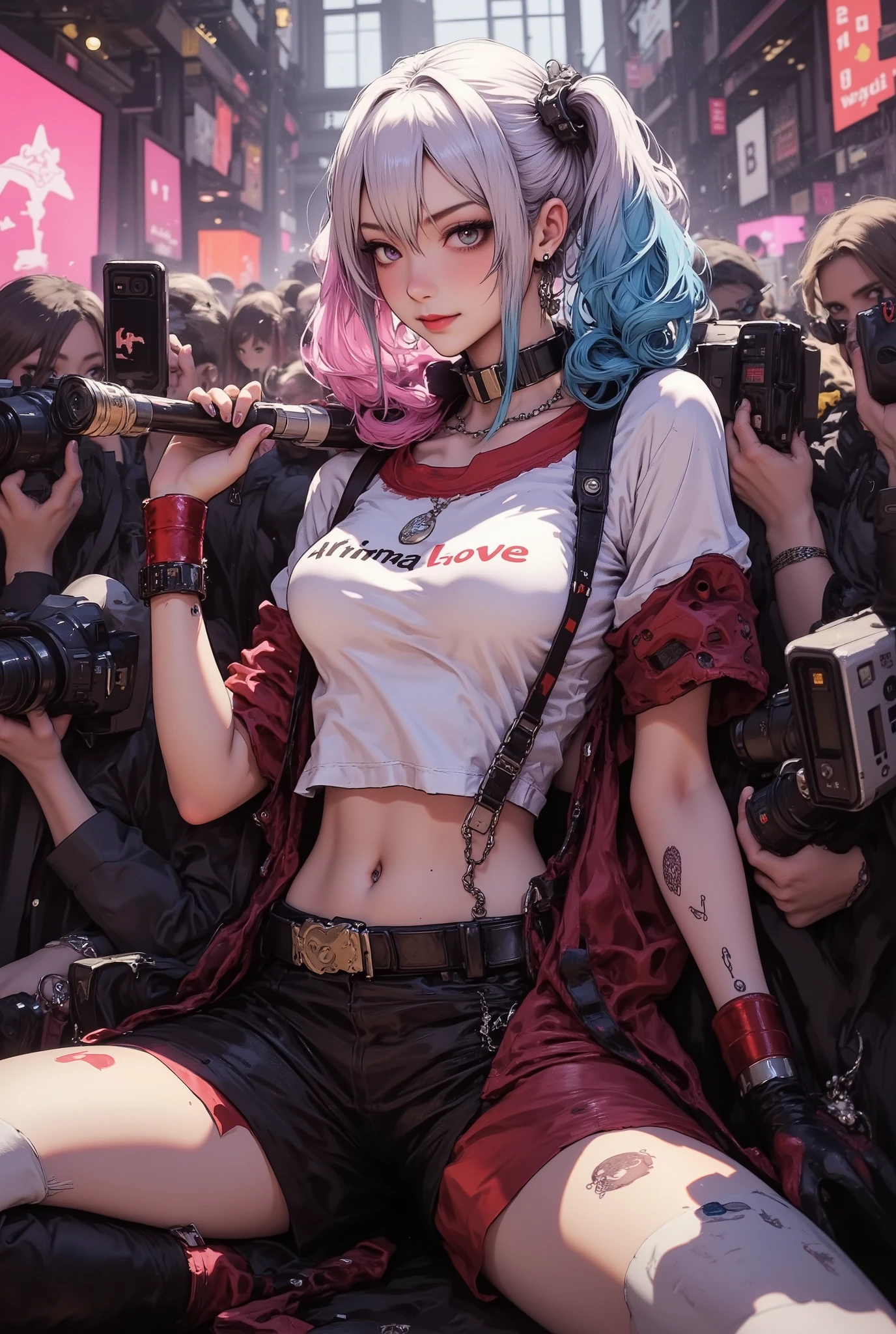 (((Macro))), Close-up on chest: 1.6, close up shot : 1.6, ((upper body)), She is photographed surrounded by many photographers at a cosplay venue. ((Harley Quinn cosplay with baseball bat on shoulder)), white T-shirt with “anima love” written on it, Margot Robbie as Harley Quinn, seductive smile, ((smile)), seductive pose, sexy pose, ((big breasts:1.8)), ((5 fingers))), (anatomically correct), perfect body, curves, stylist versatile, dynamic posture, 1girl, Japanese, aura aura, ARW, (Best Picture: 2. 0,. Super detail.2 . 0), cpstyle01, high quality, masterpiece, accurate, top quality, high quality model, detail, gives depth and openness to the scene, depth of field, background blur, high detail, masterpiece, zima, vigorous composition, cinematic light, hkstyle, hkstyle, digital illustration3d, renderingniji_flux2, zima, low angle viewpoint, 8k, best quality, detailed figures, high res, 32k, realistic rendering, (masterpiece, high res: 1. 2),