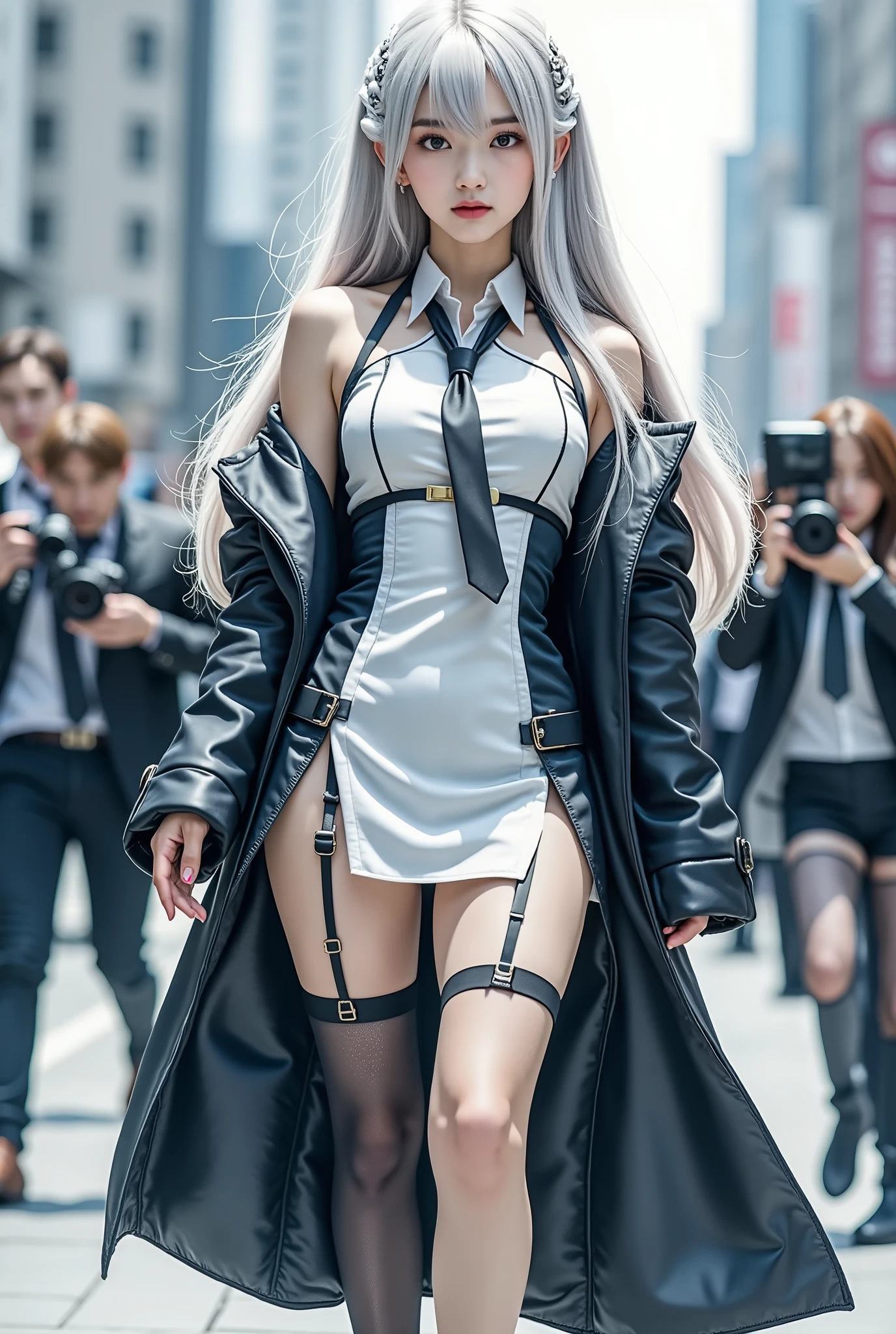 (( Highest Quality 、In 8K、masterpiece:1.3)) Cosplayer photo session、anime character cosplay costume surrounded by lots of camera boys、Layer Outfits、Shooting on the street、Surrounded by lots of camera boys