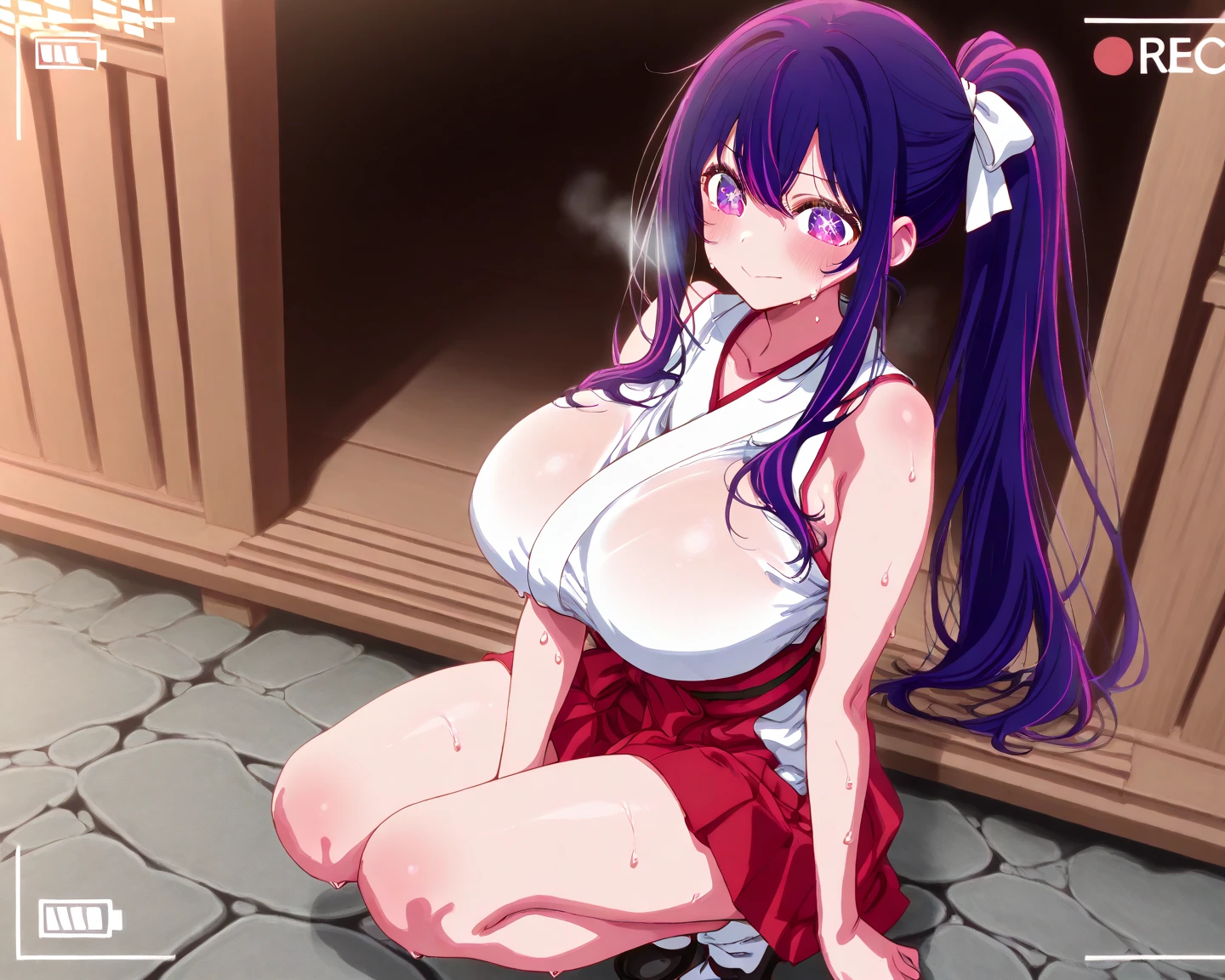 masterpiece、highest quality、NSFW、1girl , solo , , huge breasts、deep cleavage、 greenish black hair、ponytail、fox ears、brightly colored eyes、blue eyes、black glasses、Dark purple kimono、red hair ornament、light purple long hakama、leather boots、flashy necklace、shoulders are visible、Sex、sexy、charm、Wet、face turns red, very sweaty,