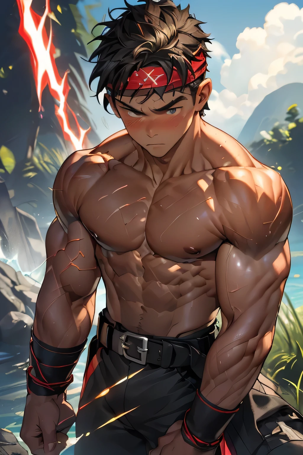 (Masterpiece, Best quality, 8k, ultra-detailed, 17 year old boy, worm eyes, black background), Young, boy, muscler, Shirtless, ((((solo, fullbodyesbian, steam, intense battle scene, heroic figure, surrounded by swirling green aura)))), (Dark Short straight hair, ((almost completely shaved hair)), under cut, brown eyes), (red headband, ((black wristband))), Vivid colors, ((hot Abs:1.2, abs!, big abs, big breast:1.2, chest!, muscler upper arms, clenched fist)), muscler!, muscler body, Man with martial arts stance, detailed face, detailed muscle, (((random fighting pose, powerful, action, rippling muscles, turquoise aura around body, concentrate, deep night)))