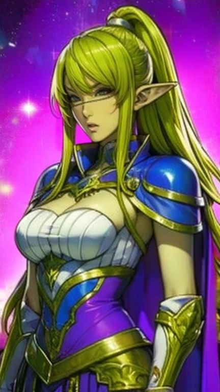 A beautiful blond female anime hero elf in leather clothes, big breasts, showing cleavage, style of Alphonse Mucha