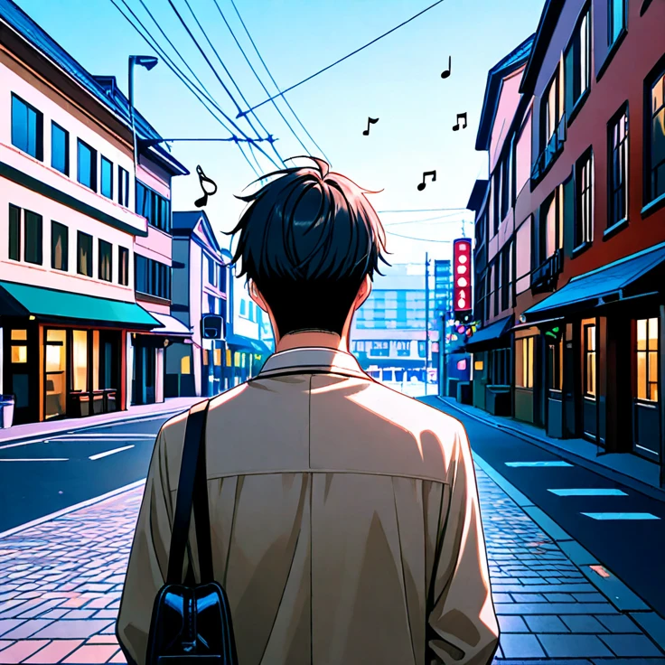Animation A 165cm tall man stands on the side of a Indonesia metropolitan city road wearing a black jeans jacket carrying a black bag wearing earphones smoking while looking at the road on the sidewalk In the afternoon