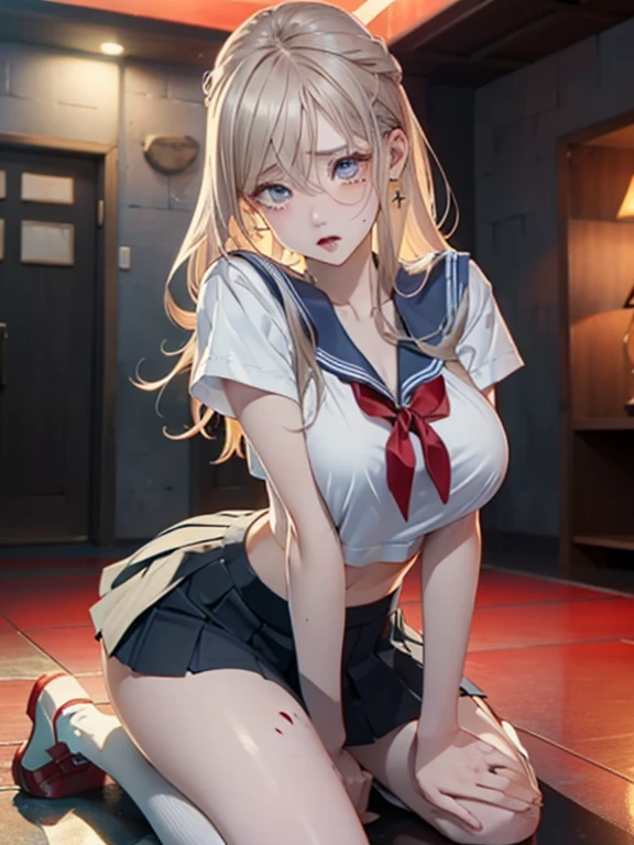 (((White Sailor School Uniform Tops))), Red tie, School Swimsuit, (Blue one-piece swimsuit), Sailor collar, masterpiece, Best Quality, High quality, High Definition, Finely detailed, Detailed texture, realistic representation of face, Realistic, Colorful, Ray tracing, (((lighting forward))), ahegao, (((crying))), (((clenched teeth))), (drooling), (((steam))), (((eyes focus))), (glowing eyes), (Detailed beautiful delicate face, Detailed beautiful eyes, A perfectly proportioned face, High detailed skin, best ratio four finger and one thumb, (((Glowing white shiny skin))), (((oiled skin))), (((Open legs))), ((sitting on a bed with one knee up)), ((Smooth texture, Realistic texture, Photorealistic)), (((Green eyes))), (((blonde semi-long hair, ponytail))), 1 girl, (Beautiful face, Cute face, Detailed face)