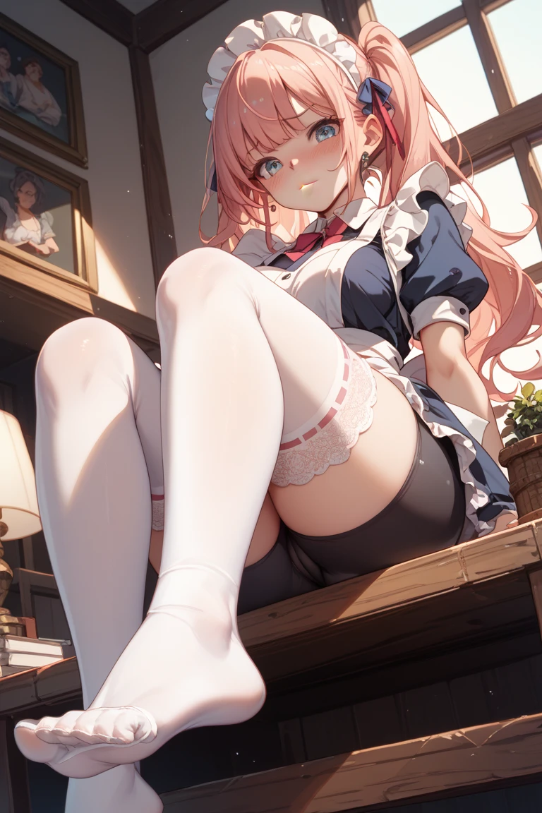 Stella Vermillion, Stella Vermillion, hair between eye, Hair intake, Hair Ribbon, Long hair, (Red Eyes:1.5), Red hair, two side up, Yellow Ribbon,Blake Black Choker, Choker, emblem, Neck ribbon, Plaid, Puffy Short Sleeves, Puffy sleeves, Purple Ribbon, Red hair, bow ribbon, School uniform, Shirt, Short sleeves, Skirt, thighs thighs thighs thighs, White shirt, White skirt,BREAK looking at viewer,,Romper (masutepiece:1.2), Best Quality, High resolution, Unity 8k壁纸, (Illustration:0.8), (Beautiful detailed eyes:1.6), extra detailed face, Perfect Lighting, extremely details CG, (Perfect hands, Perfect Anatomy),Naughty big、A smile、,(black panties:1.3)、(Fully exposed panties:1.5)、(Squatting:1.3)、plein air、outside of house、(black thighhighs:1.3)