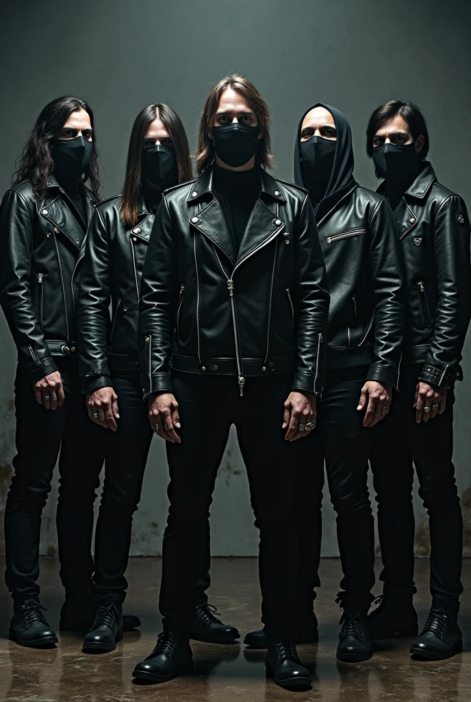 there are four men in black leather clothing posing for a photo, badass composition, diselpunk, dressed in black armor, heavy vignette!, vestindo roupas pretas, rock band, mechanical punk clothing, dressed in crustpunk clothing, badass pose, dressed in punk clothing, sobrecarga, punk rock com moicanos, album, cyberpunk black metal band, official fanart