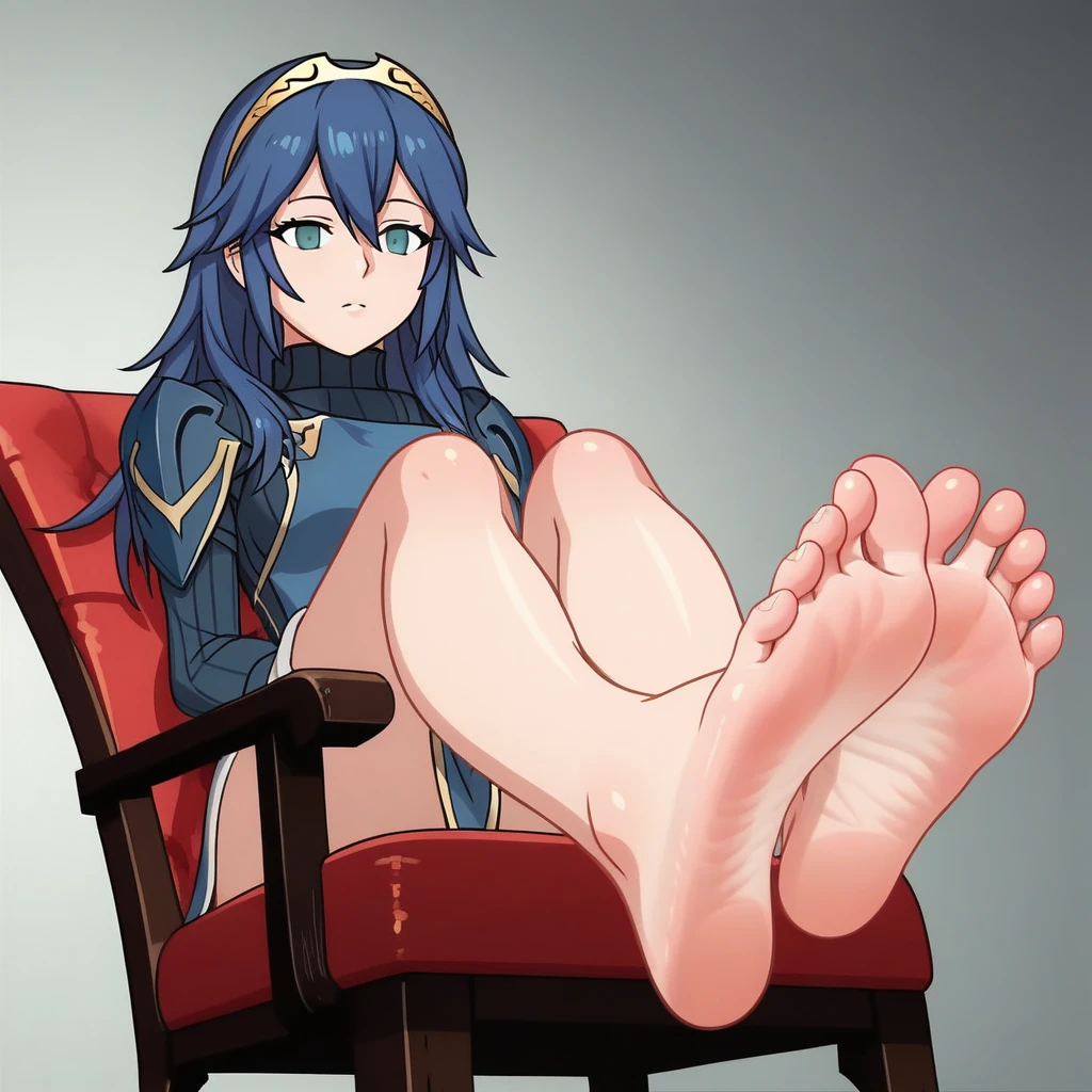 a haughty woman sits on an upholstered armchair, her posture exuding an air of unquestionable superiority. she stretches out one leg, leaving her bare foot for all to see. a look of contempt, like that of a disdainful queen with icy indifference. Her eyes convey a clear message: she reigns at the top of the social hierarchy and demands recognition of her greatness. In the low-angle foreground, the outstretched 5-toed foot is offered up for admiration, mingled with desire and devotion. Foot fetishism is the main idea. Her foot, presented as an object of supreme desire, becomes a symbol of power and domination. In this haughty posture, she embodies the very essence of power and domination, reigning as undisputed mistress over her realm of desires and fantasies, offering her foot as an object of veneration and submission. Thanks to the low-angle effect, the view of the haughty woman's feet further accentuates her imposing domination and disdainful attitude, intensifying the contrast between her perceived grandeur and those who gaze at her with respect and fascination.