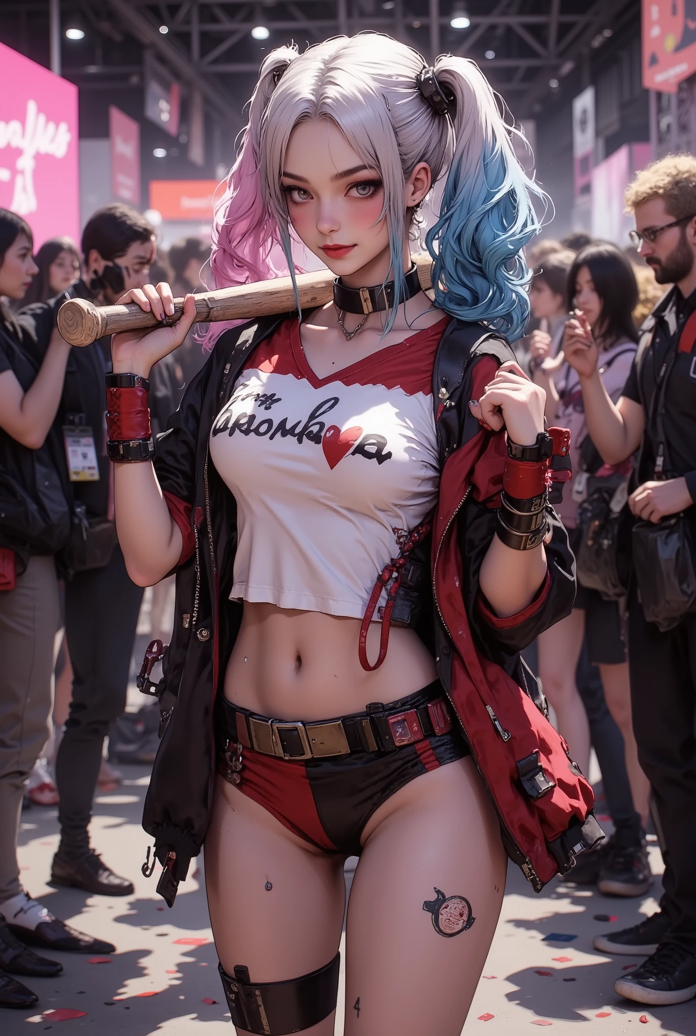 She is being photographed at a cosplay venue surrounded by many photographers. Harley Quinn cosplay with baseball bat, white t-shirt with “anima love” written on it, Margot Robbie as Harley Quinn, seductive smile, seductive pose, sexy pose, short hot sport mini panties, big , cleavage, big ass, ((5 fingers)), (anatomically correct), perfect body, curves, stylist versatile, dynamic posture, 1girl, Japanese, Aura anatomically correct), perfect body, curves, stylist versatile, dynamic posture, 1girl, Japanese, aura aura, ARW, (Best Picture: 2.0, super detail.2 . 0), cpstyle01, high quality, masterpiece, accurate, top quality, high quality model, high detail, gives depth and openness to the scene, depth of field, background blur, high detail, masterpiece, zima, vigorous composition, cinematic light, hkstyle, hkstyle, digital illustration3d, renderingniji_flux2, jima, low angle viewpoint, 8k, best quality, detailed people, high res, 32k, realistic rendering, (masterpiece, high res: 1. 2), blurred background,
