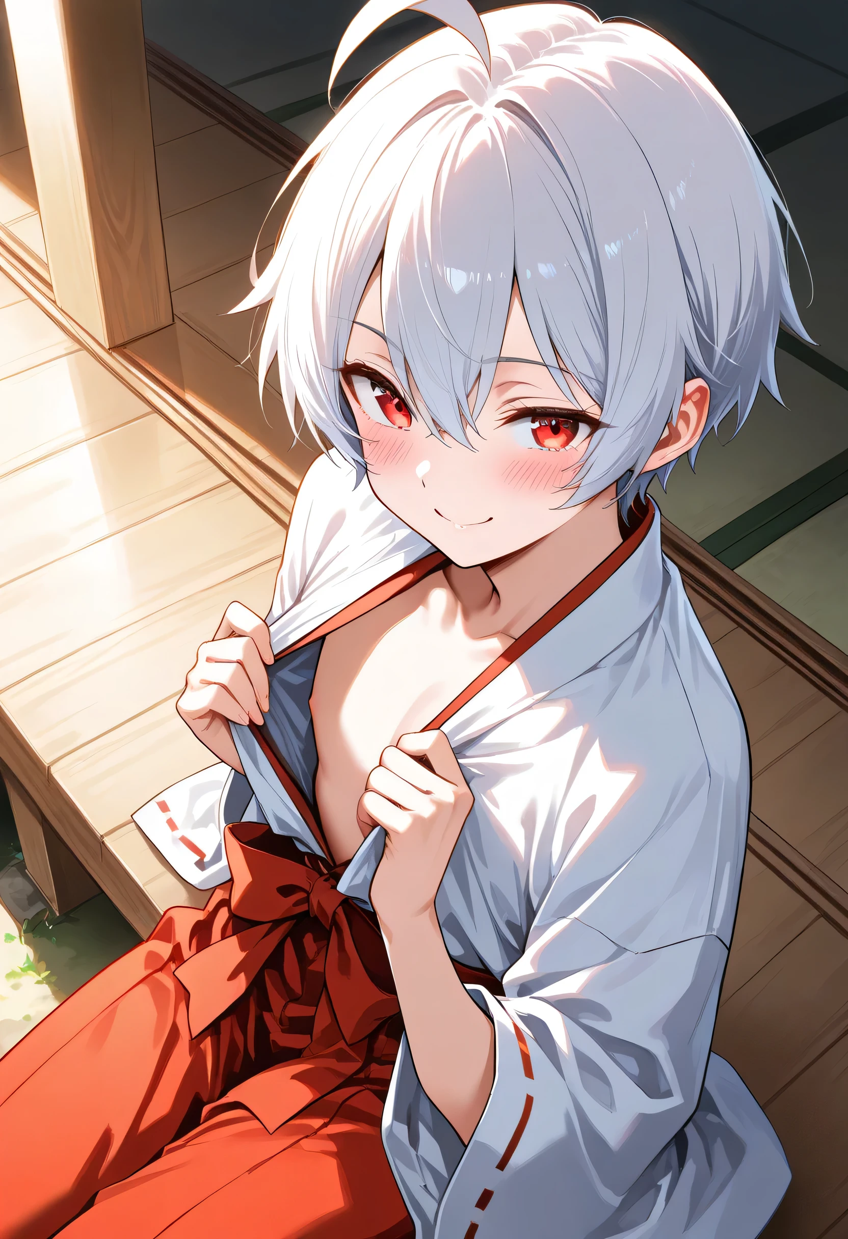High resolution、Girl、Silver Hair、short hair、Fox Ears、blue eyes、Slender、Small breasts、Shrine maiden,Scarlet Hakama,naked,Tatami room,Sweat,Red cheeks,Open your mouth,Lying on the futon,Masturbation