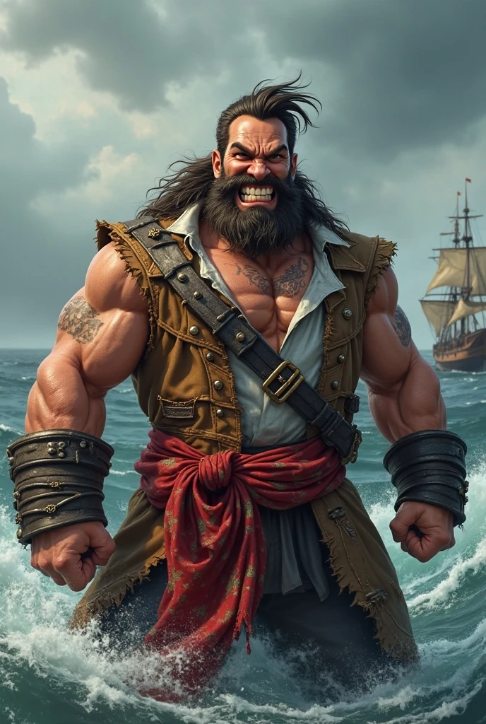 Extremely detailed and ultra-realistic CG portrait of Whitebeard, the legendary pirate, featuring his iconic white mustache and beard, scarred face, and serious expression. Dynamic camera angle and lighting, with an emphasis on shadow and contrast, to highlight the character's rugged and imposing presence. Surrounding scene includes a vast ocean, imposing mountains, and turbulent weather to conjure up a sense of adventure and danger.