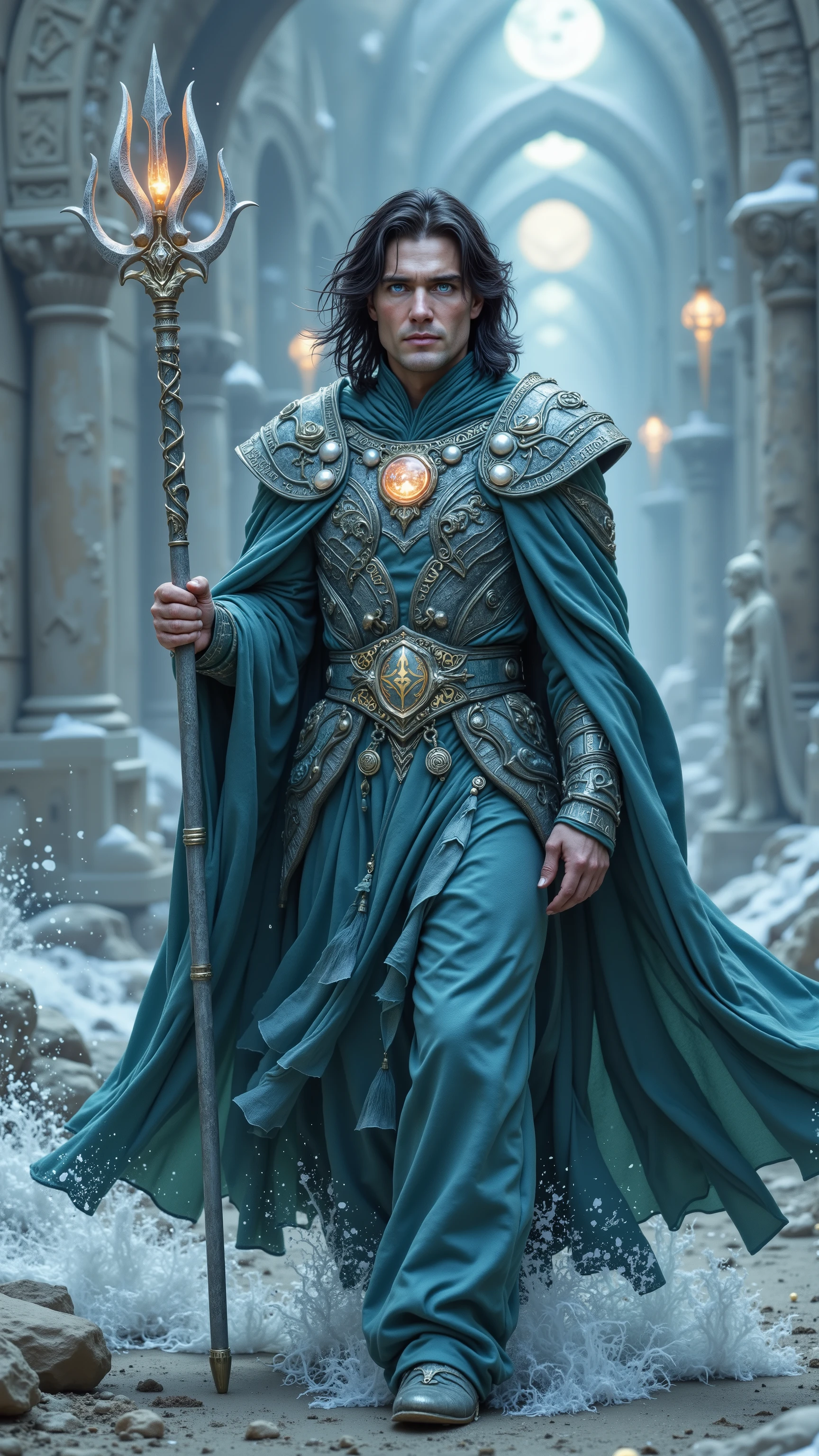 Cillian Murphy reimagined as a majestic Celtic god Manannán, walking and holding a long divine silver trident entwined with spectral seaweed, glowing pearls, and bioluminescent shells, 1 male, full body, pale skin with a faint bluish undertone, piercing sea-grey eyes, shoulder-length sleek black hair swept by ocean wind, Clothing: a majestic robe of abyssal blue, storm silver, and emerald silk, embroidered with sea creatures, spirals, and tidal patterns in metallic thread, layered over a glistening chestplate made of living coral, shell segments, and runic pearl inlays, shoulders crowned with glowing crustacean armor shaped like crashing waves, a massive translucent seafoam cloak flows behind, fastened with a brooch shaped like a kraken swallowing the moon, wide belt of polished driftwood and gold-fused kelp wrapped in glowing runes, arms in scaled aquamarine bracers, leggings of lightweave and mother-of-pearl bands, high boots of blue obsidian trimmed in gold barnacles, In his hands he holds the divine trident — glowing, barbed, trailing illusionary mist and seawater, shows his male character’s full figure, athletic body, perfect face, full body, extremely beautiful, god, male shape, perfect anatomy, the background showcases a colossal oceanic temple rising from the sea — built from coral and rune-covered stone, surrounded by floating water rings, giant statues, translucent crashing waves frozen mid-air, and glowing jellyfish orbs, all under a perfect summer sky with balanced soft light and no harsh shadows, photorealistic, masterpiece, realistic, high contrast, 8k, HD, high definition detailed, detailed, hyper detailed, realistic skin texture, best quality, ultra high resolution, hyper realistic, very detailed eyes