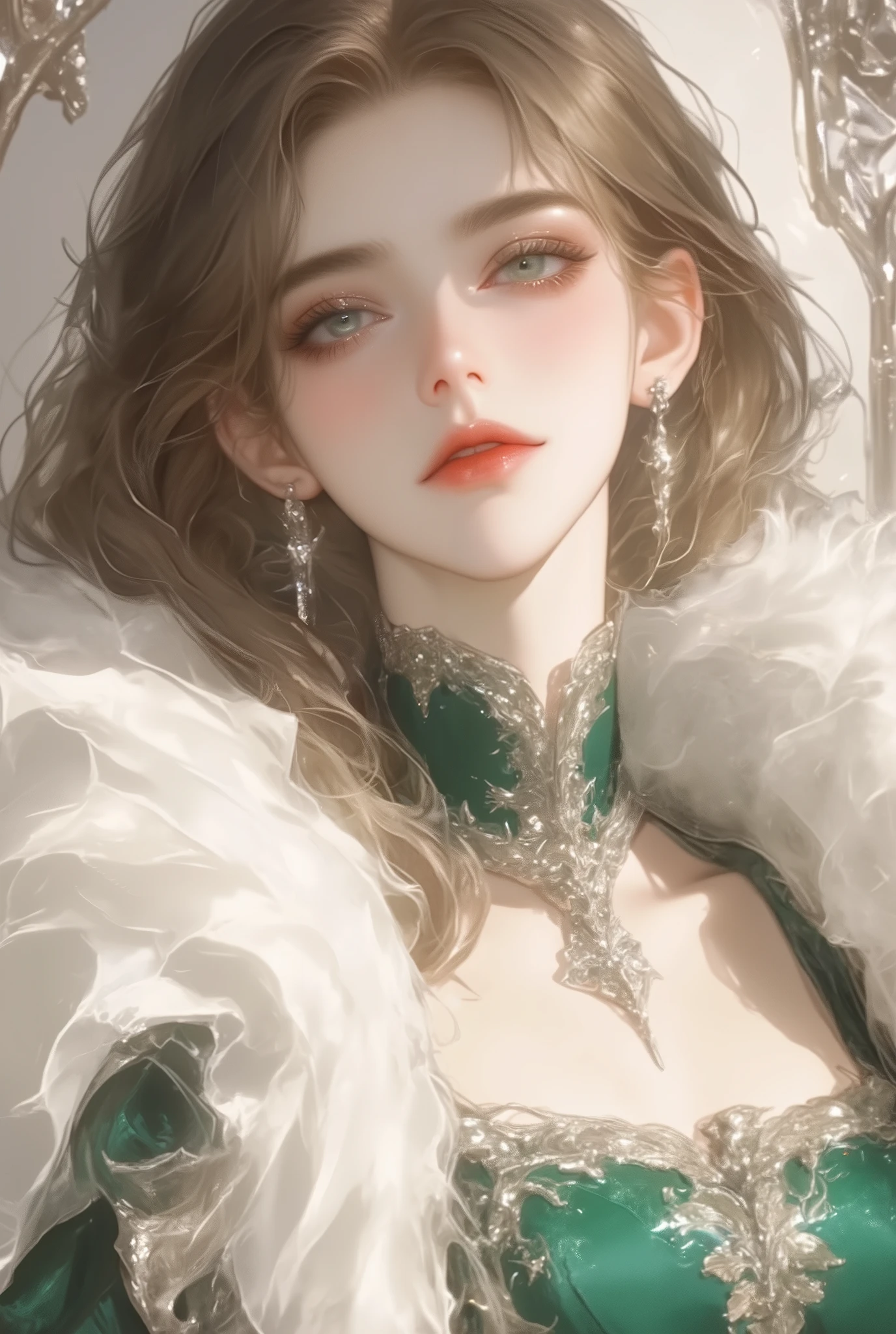 masterpiece, best quality, beautiful goddess-like woman, divine beauty, emerald green eyes, calm and wise expression, long silky dark brown hair with golden highlights, hair down with crystal pins, pearl white skin, perfect oval face, soft jawline, gentle cheekbones, heart-shaped lips, charming smile, flowing emerald green medieval gown with silver embroidery, square neckline, puffed sleeves, satin and linen fabric, long ivory cloak with soft, fluffy white fur trim, realistic fur texture, silver leaf-shaped brooch, ethereal lighting, fantasy setting.