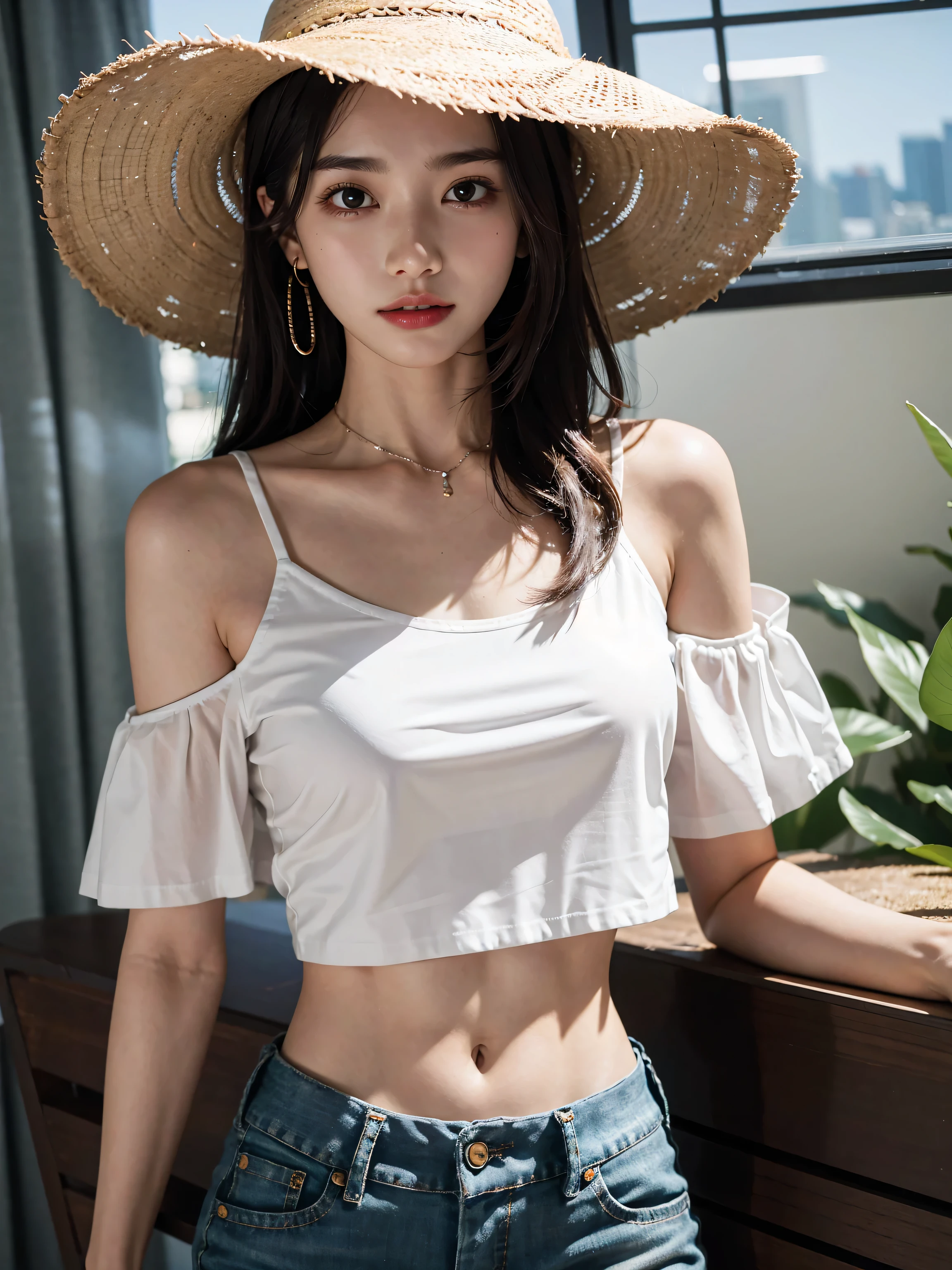 ((((absurdres, RAW photo, extremely delicate and beautiful, masterpiece, Best Quality, ultra high resolution, 32k, hyperrealistic, ultra-detailed)))), in her 20s, very Slim body, narrow waist, very small head, very small face, delicate facial features, beautiful face, beautiful eyes, ((((very huge round tits)))), medium hair, black hair, wavy hair, tearful mole, earring, ((full body shot)), casual, blouse, white shirt, buttoned shirt, bare shoulders, collarbone, midriff, navel, shorts, straw hat,