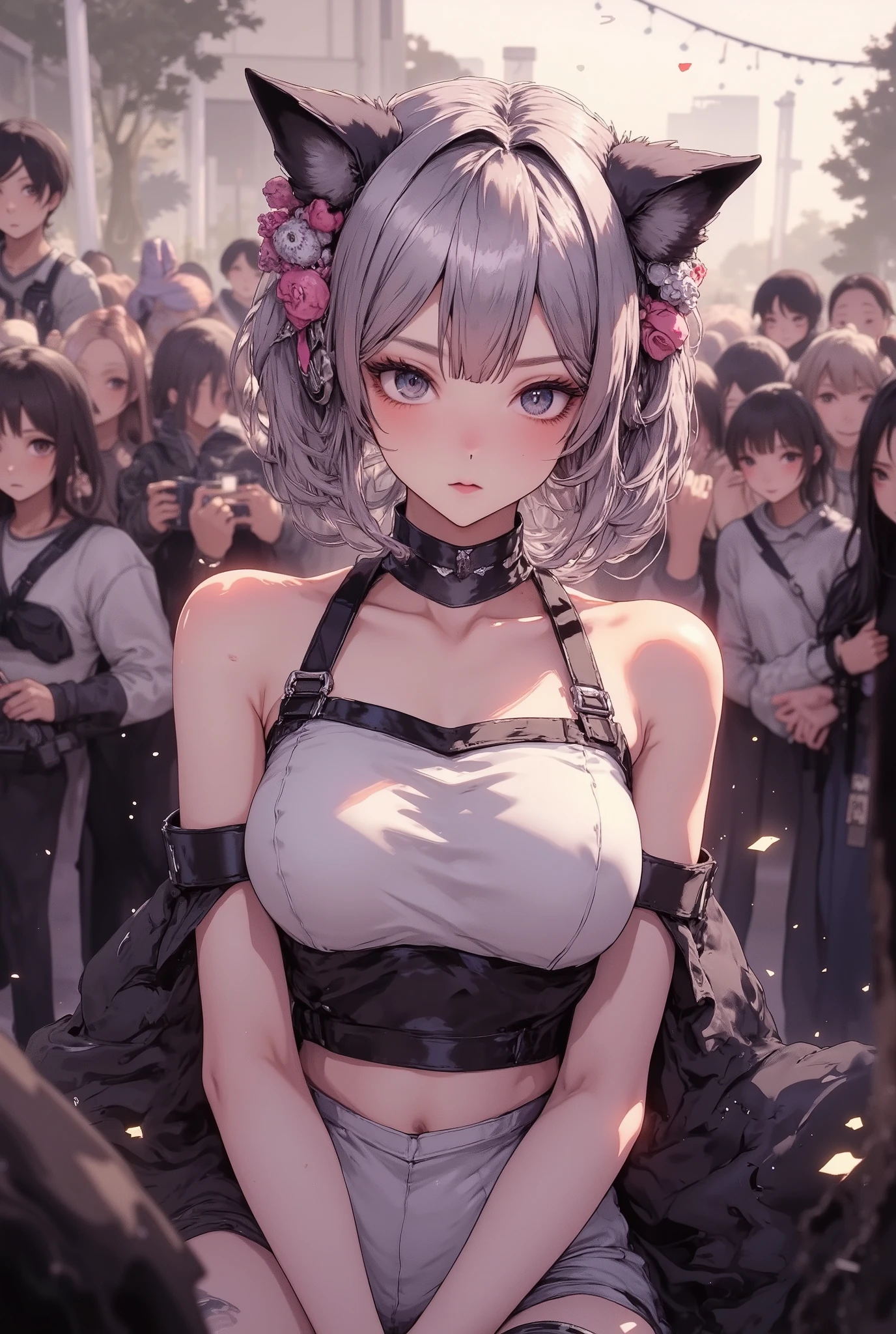 (((Macro))), (((face close up shot : 1.8))), close up shot : 1.8, ((upper body)), She is photographed surrounded by many photographers at a cosplay venue. long hair, looking at viewer, blushing, open mouth, blue eyes, ((soft silver low ponytail hair)), ribbon, belly button, animal ears, exposed shoulders, tail, hair ribbon, hairband, extra large breasts, large breasts, sleeveless, fangs, abdomen, striped, white gloves, stomach, two-tone hair, blue buruma, striped hair, crop top, cosplay, skin dentation, horse ears, Uma Musume, striped knee-highs, horse tail, chest curtain, umaRace, hite gym shirt, puffy short sleeves, ((smile)), ((big breasts:1.8)), ((5 fingers))), (anatomically correct), perfect body, curves, stylist versatile, dynamic posture, 1girl, Japanese, aura aura, ARW, (Best Picture: 2. 0,. Super detail.2 . 0), cpstyle01, high quality, masterpiece, accurate, top quality, high quality model, detail, gives depth and openness to the scene, depth of field, background blur, high detail, masterpiece, zima, vigorous composition, cinematic light, hkstyle, hkstyle, digital illustration3d, renderingniji_flux2, zima, low angle viewpoint, 8k, best quality, detailed figures, high res, 32k, realistic rendering,