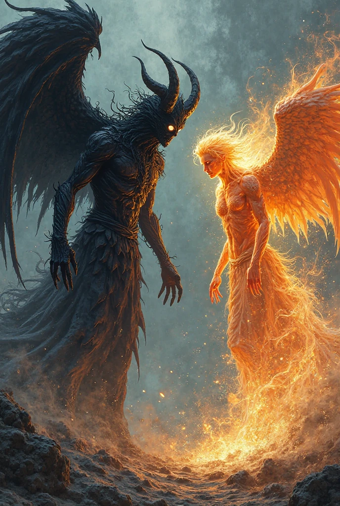 A devil with strong body black hair  black aura surrounding him and with shine stick and book fighting with the shining mesmerizing golden shining flying warrior