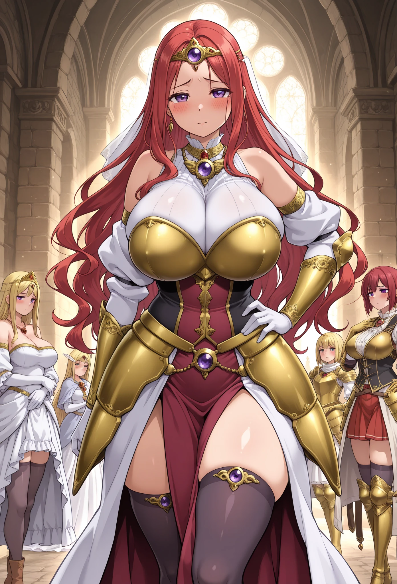 ((Highest quality)), ((masterpiece)), (detailed), (Perfect Face)、The woman is Maya Cordelia, with semi-long orange hair, wearing a completely transparent outfit adorned with luxurious golden embroidery and edging, a transparent cape, and luxurious accessories.、The woman is not wearing a bra、The woman is not wearing underwear