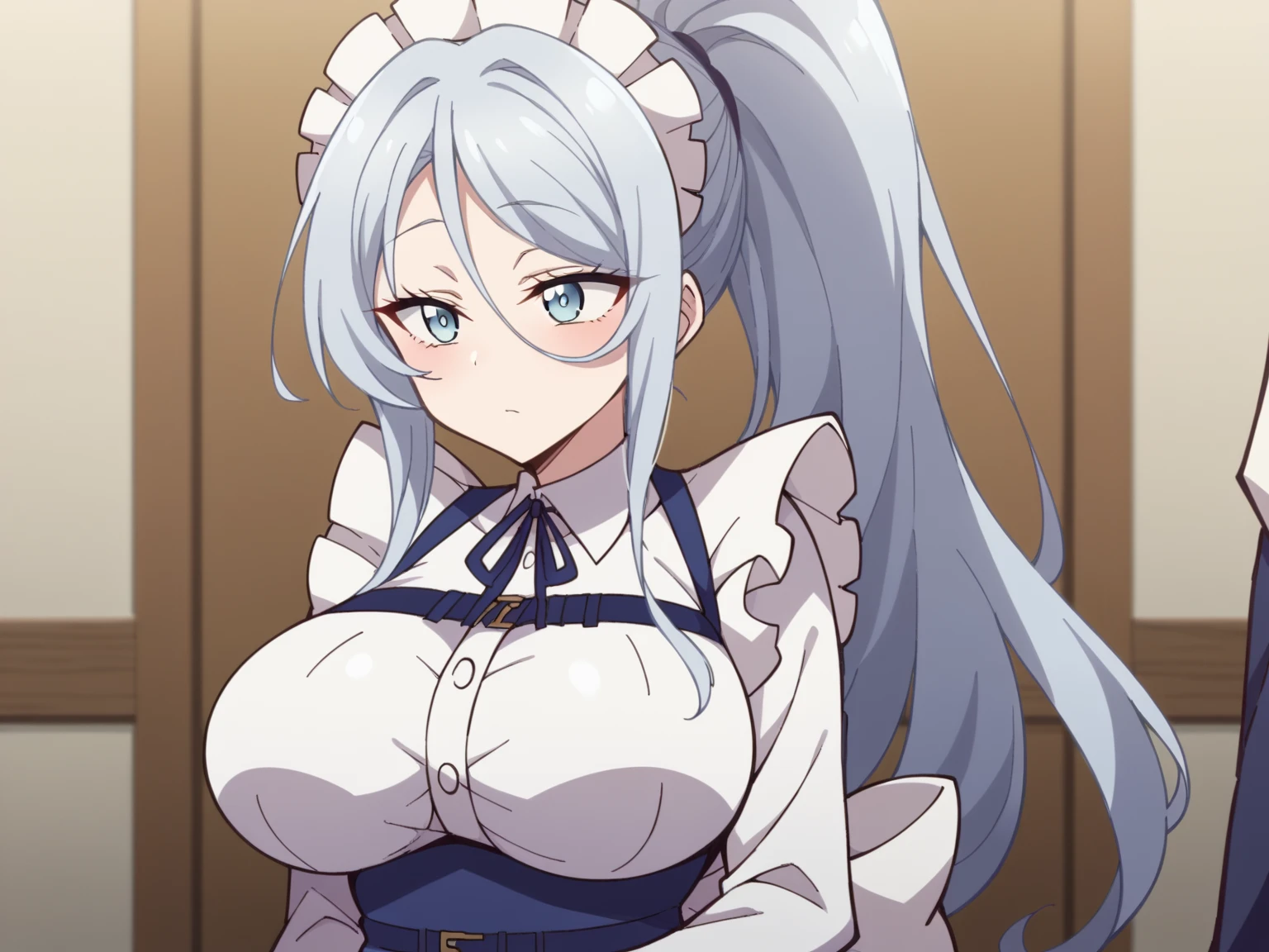 masutepiece, Best Quality, {1girl in},(blush), embarrassed, (Cowboy Shot),Silver hair,Very long hair,Ponytail,maid,Fox ears,fox tails,Big,cleavage,(Large breasts:1.4),oppai loli