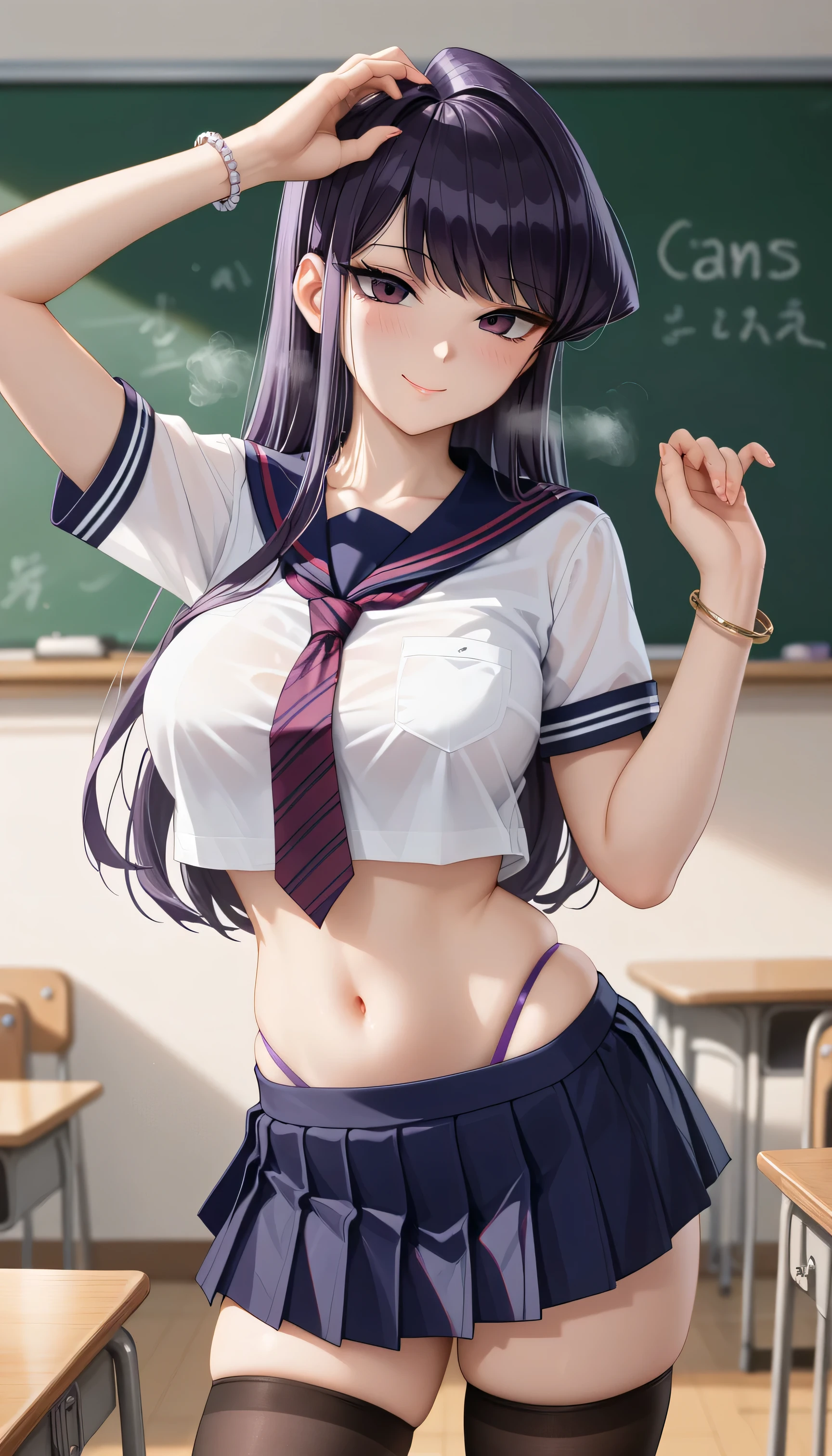 (detailed facial features)、Perfect for your skin、(thin)、(highest quality:1.4)、(ultra high resolution:1.2)、cinema light、(highly detailed illustrations)、(lip gloss、highest quality、ultra high resolution、Depth of bounds written、thick thighs、big butt、My chest is facing me、short skirt、(((school uniform)))、Shows the whole body、(((lean your body here)))、slouch